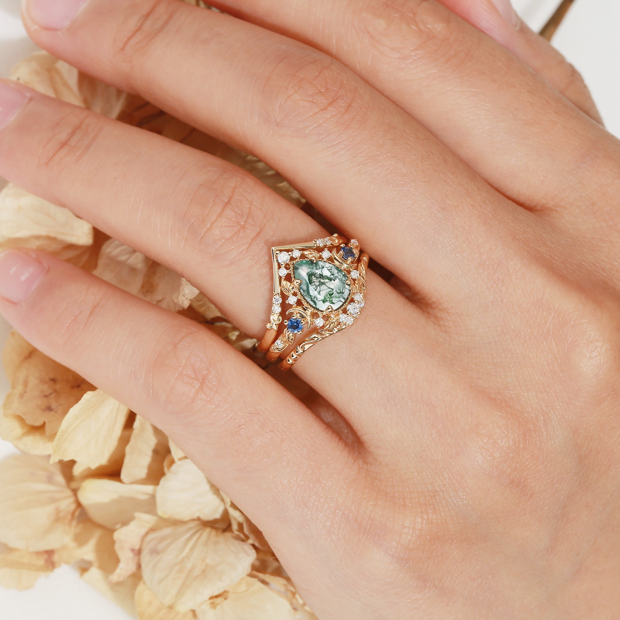 Yuna - Unique Moonlight Moss Agate Pear Cut Vine Leaf Ring Bridal Sets 2pcs