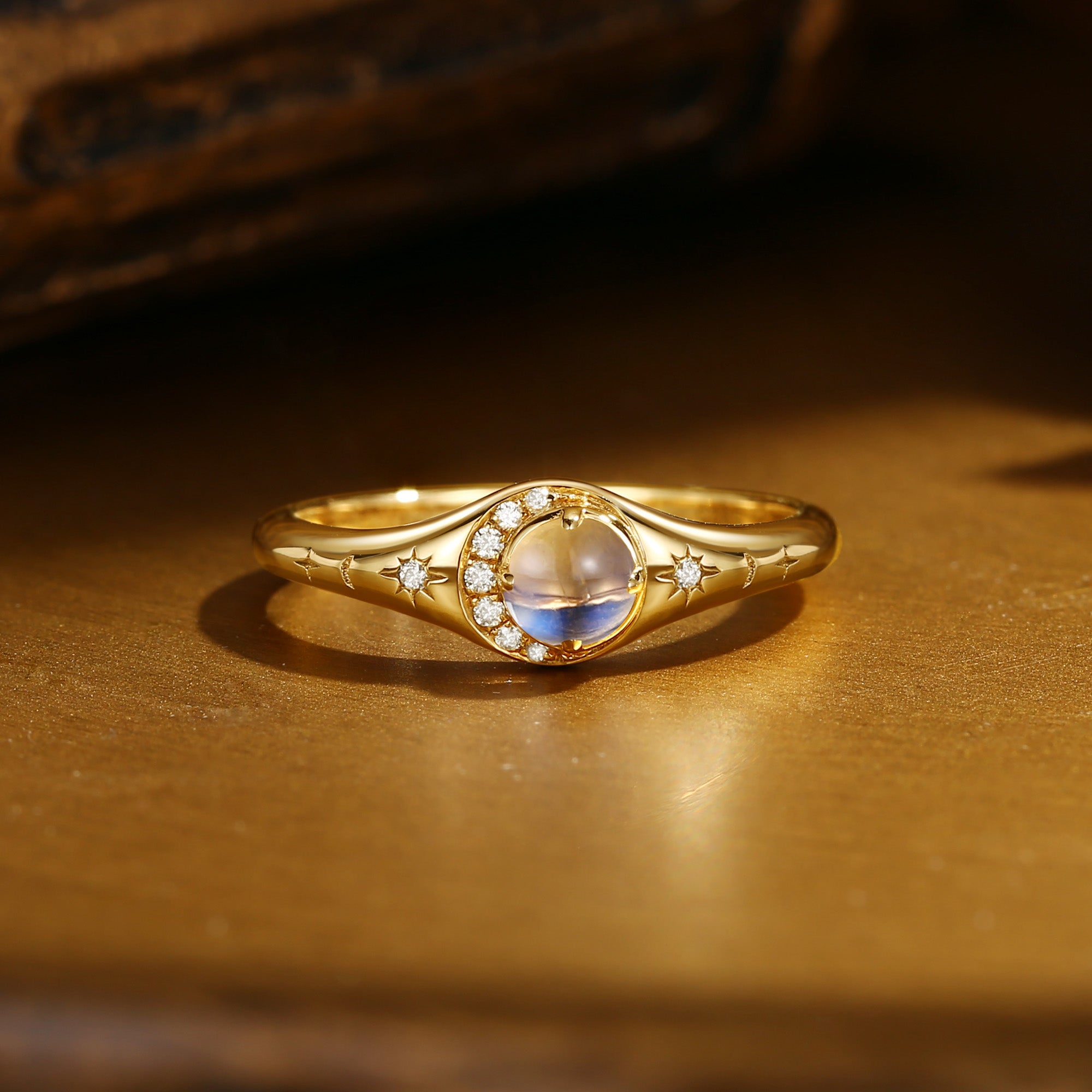 Selene - Round Cut Moonstone Vintage Crescent Star Engagement Ring