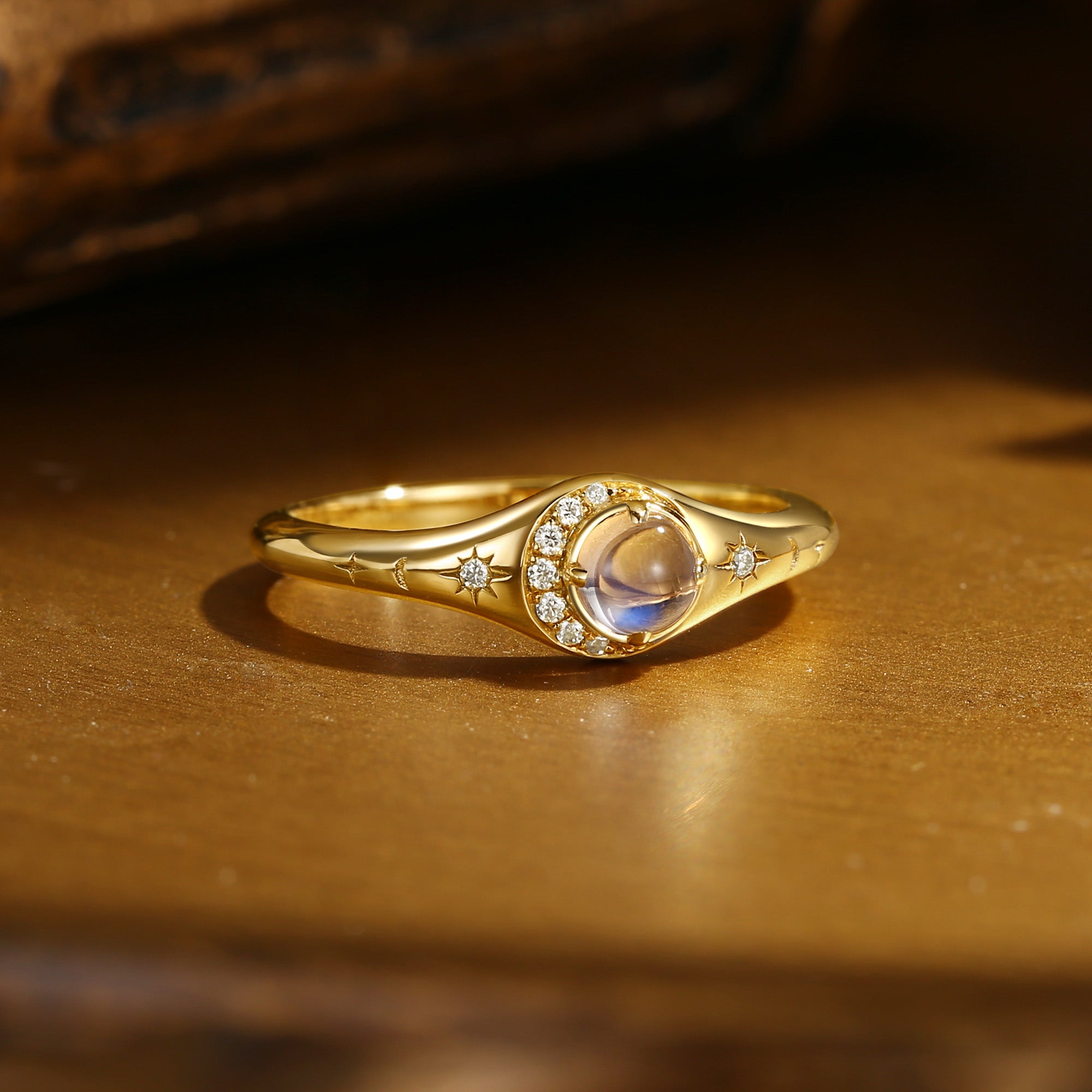 Selene - Round Cut Moonstone Vintage Crescent Star Engagement Ring