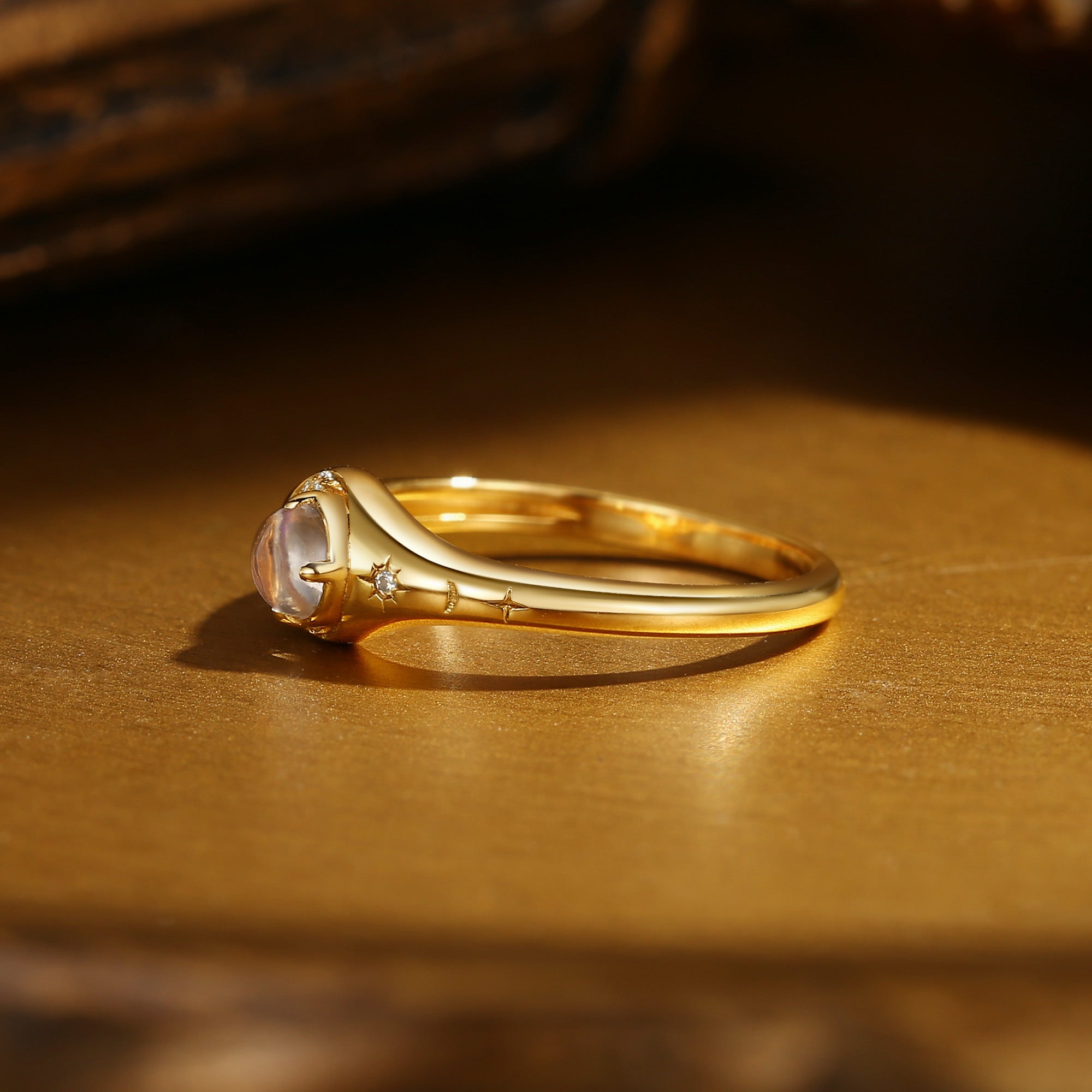 Selene - Round Cut Moonstone Vintage Crescent Star Engagement Ring