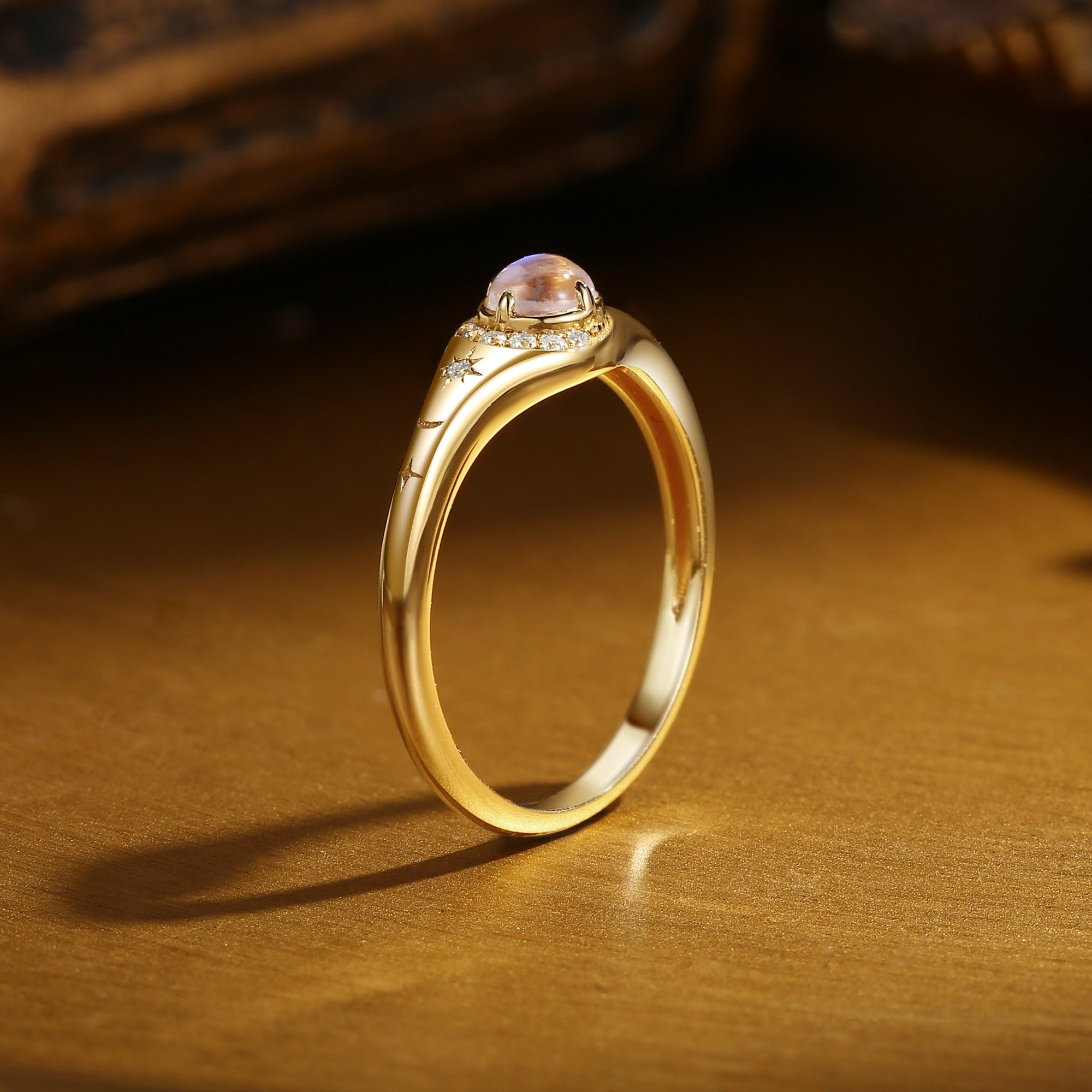 Selene - Round Cut Moonstone Vintage Crescent Star Engagement Ring