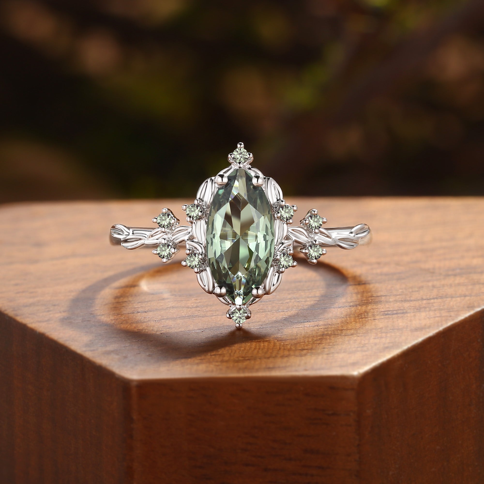 Eulalie - Marquise Cut Lab Green Sapphire Elf Engagement Ring