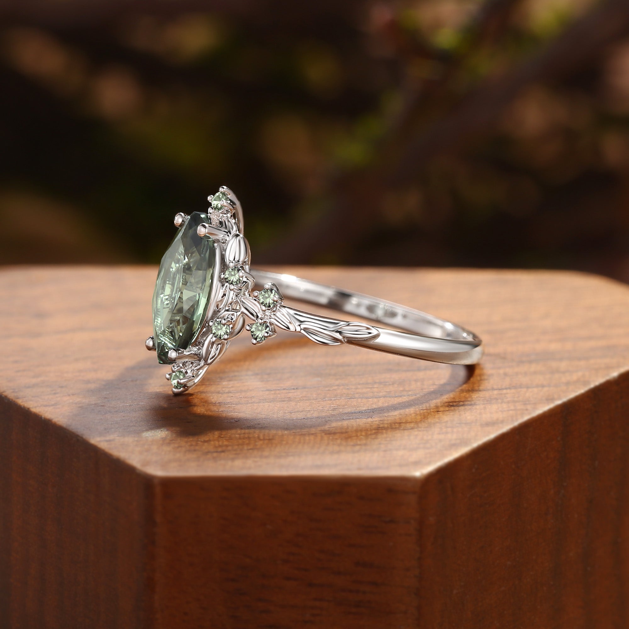 Eulalie - Marquise Cut Lab Green Sapphire Elf Engagement Ring
