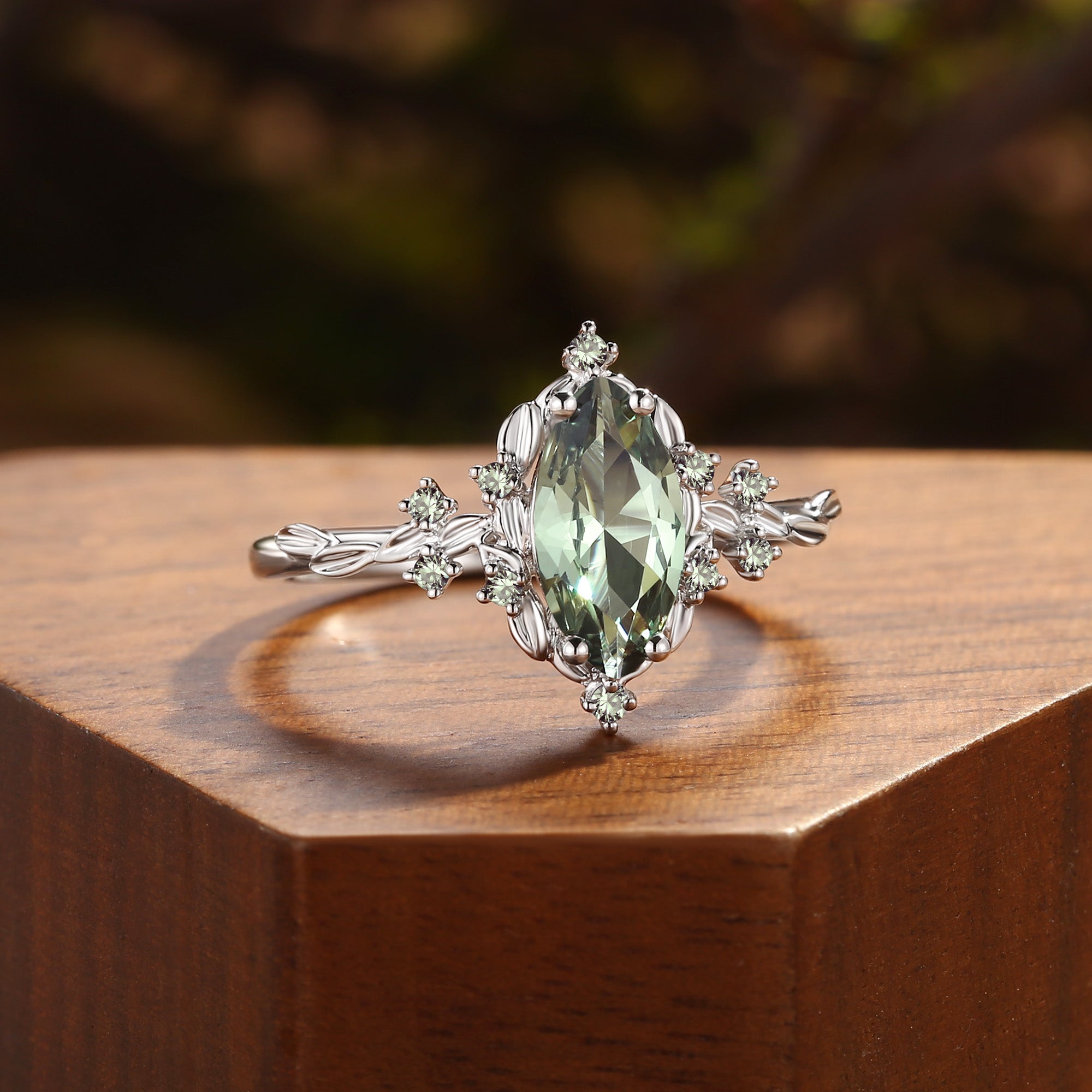 Eulalie - Marquise Cut Lab Green Sapphire Elf Engagement Ring