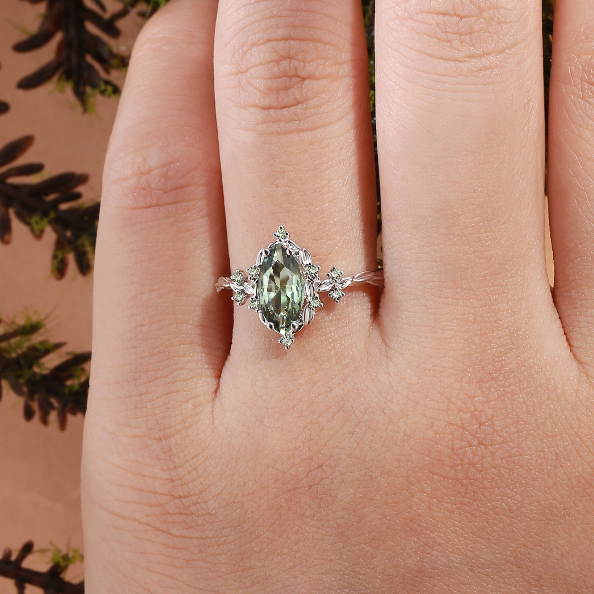 Eulalie - Marquise Cut Lab Green Sapphire Elf Engagement Ring