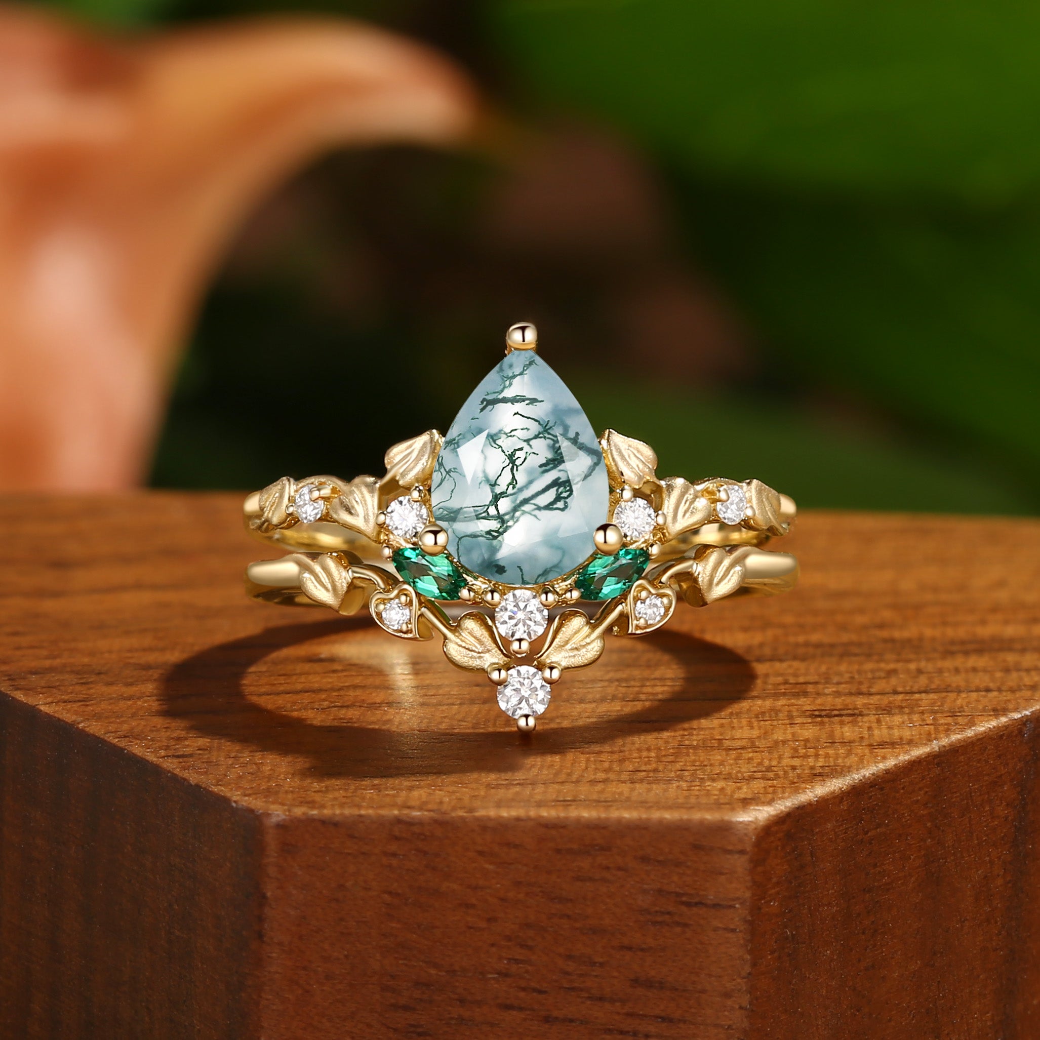 Hedera -  Heart Leaf Moss Agate Engagement Ring Set 2pcs