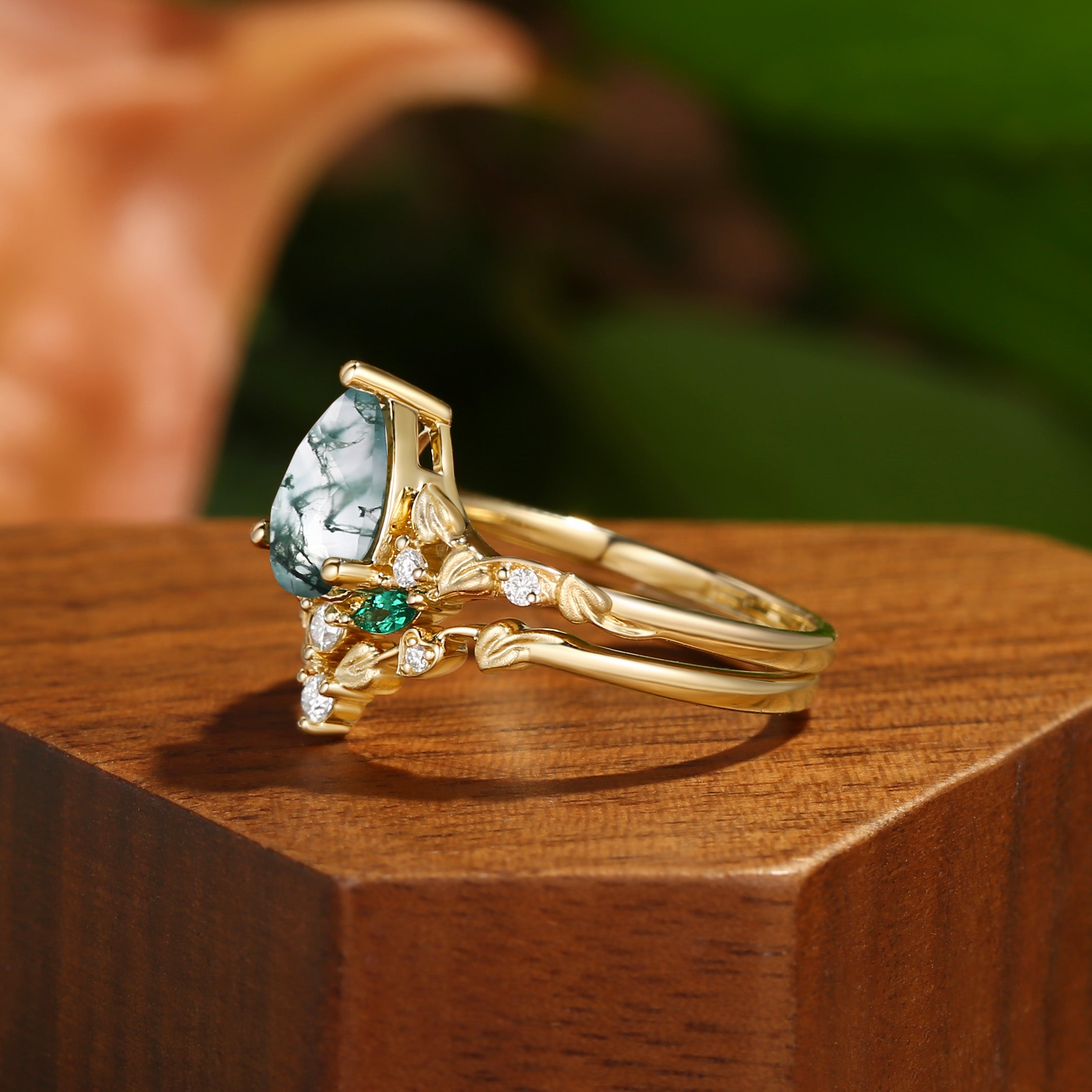 Hedera -  Heart Leaf Moss Agate Engagement Ring Set 2pcs