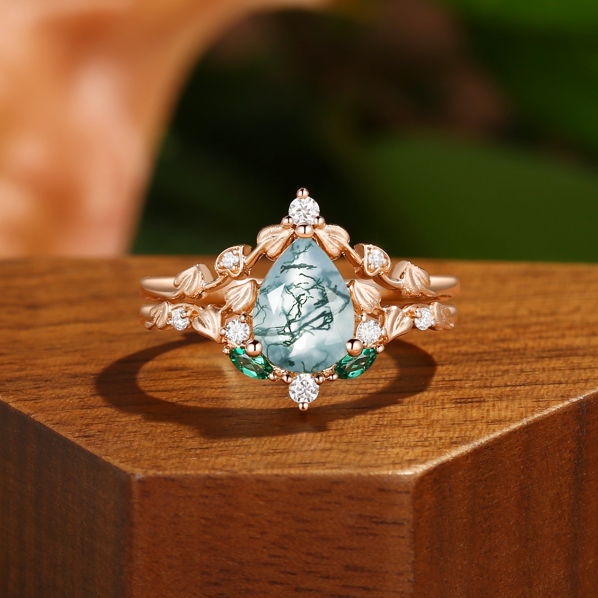 Hedera -  Heart Leaf Moss Agate Engagement Ring Set 2pcs