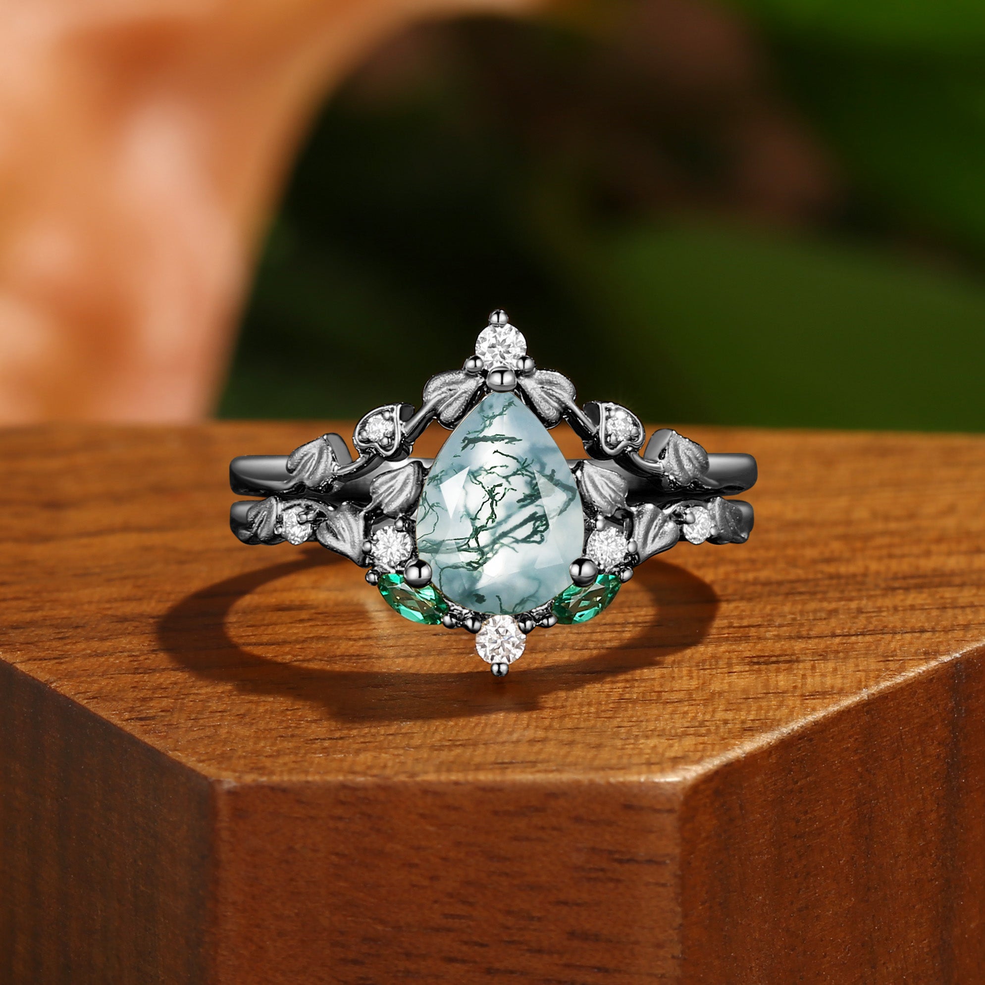 Hedera -  Heart Leaf Moss Agate Engagement Ring Set 2pcs