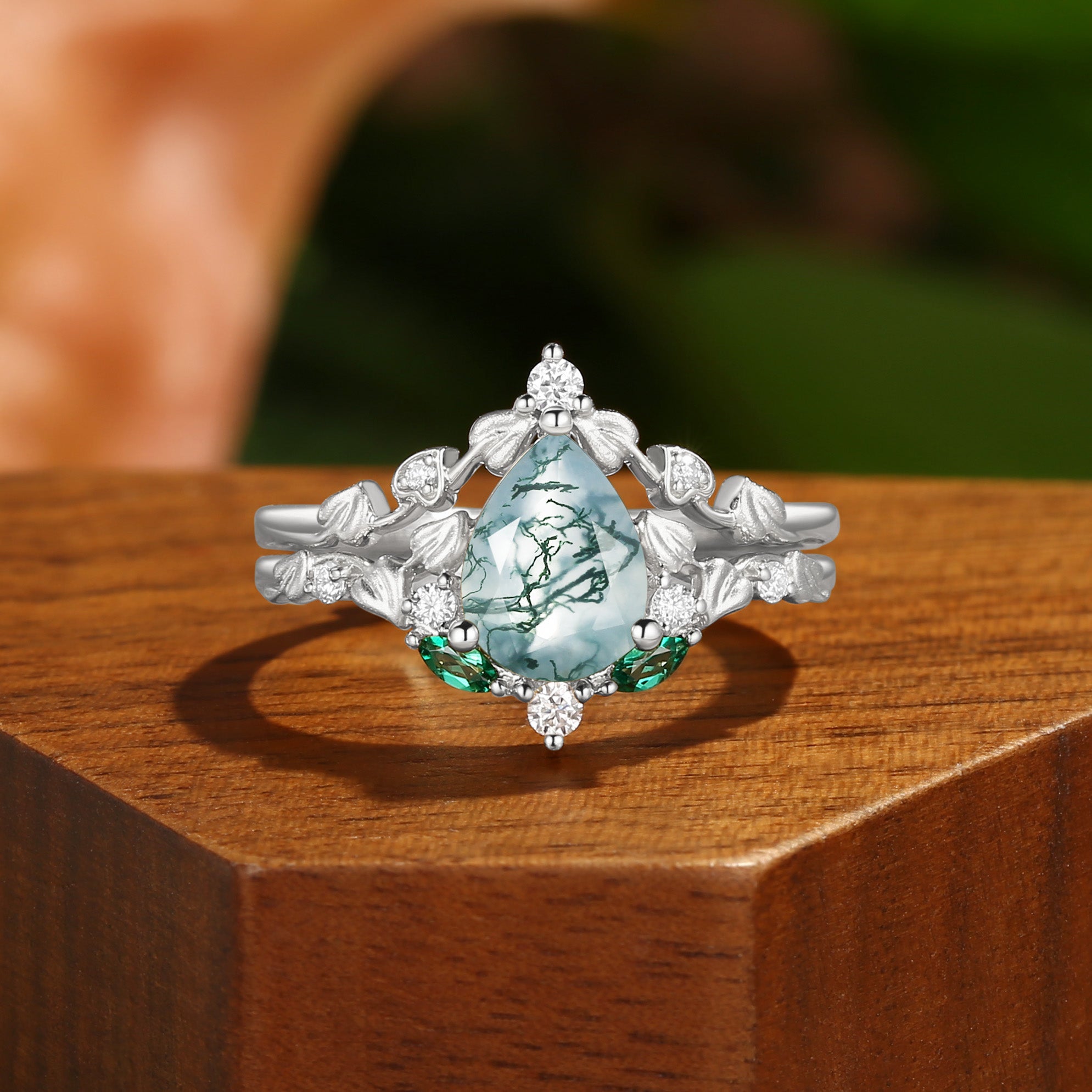 Hedera -  Heart Leaf Moss Agate Engagement Ring Set 2pcs