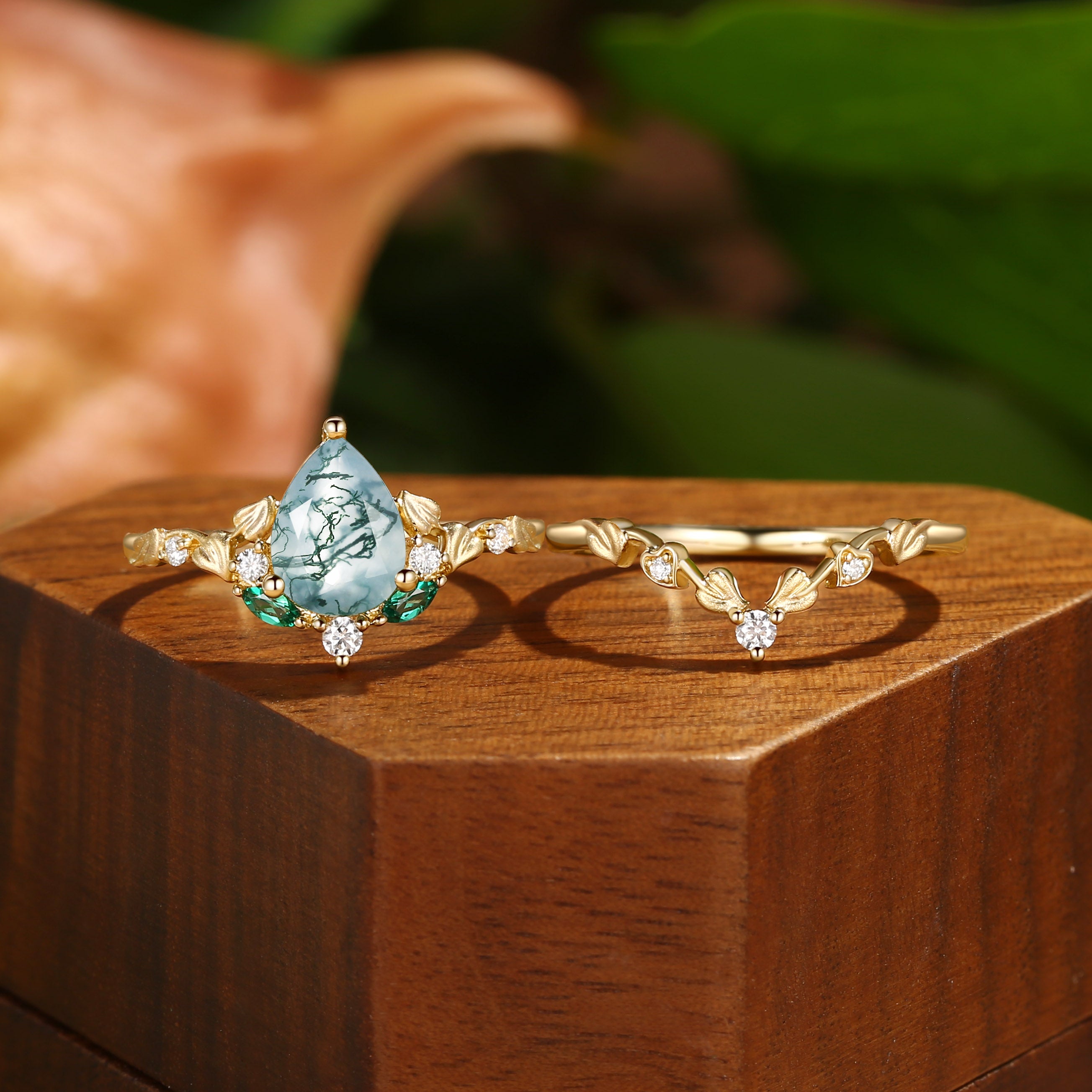 Hedera -  Heart Leaf Moss Agate Engagement Ring Set 2pcs