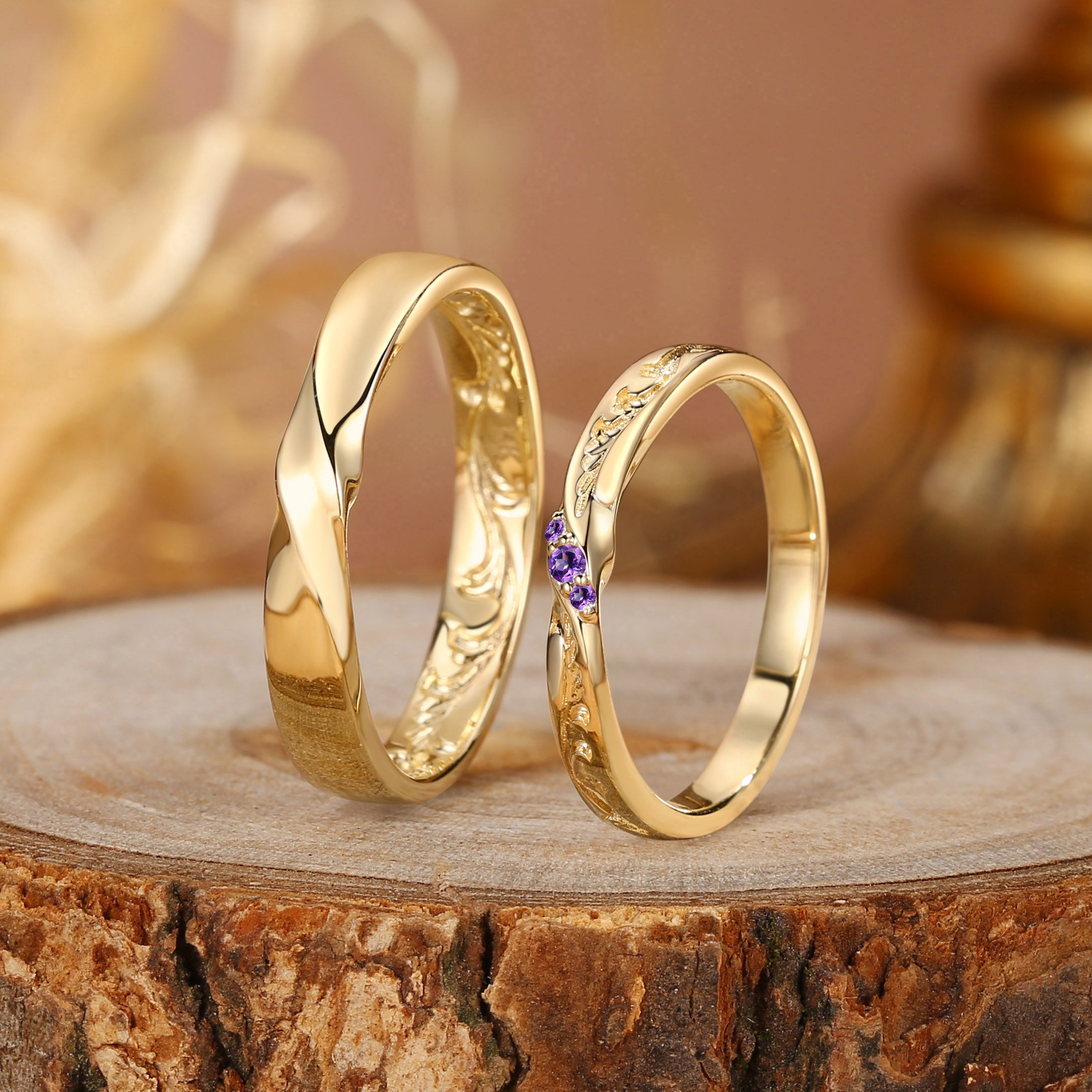 Monique - Unique Gold Design Amethyst Leafy Couple Ring