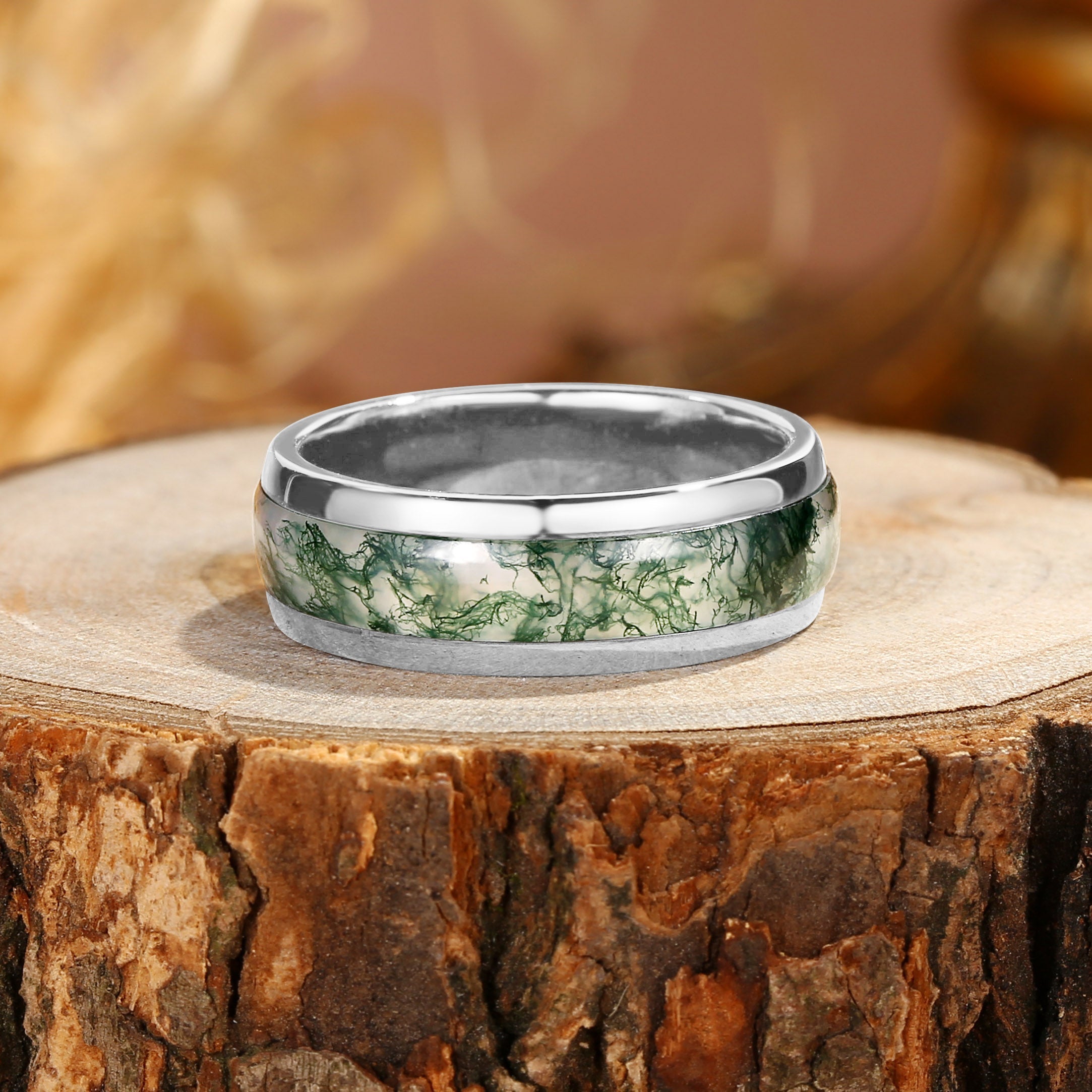 7MM Moss Agate Inlay Black Gold Men Rings