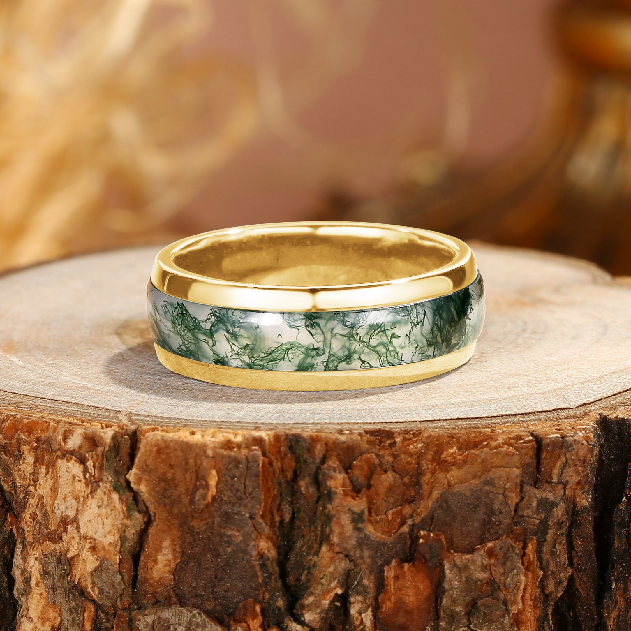 7MM Moss Agate Inlay Black Gold Men Rings