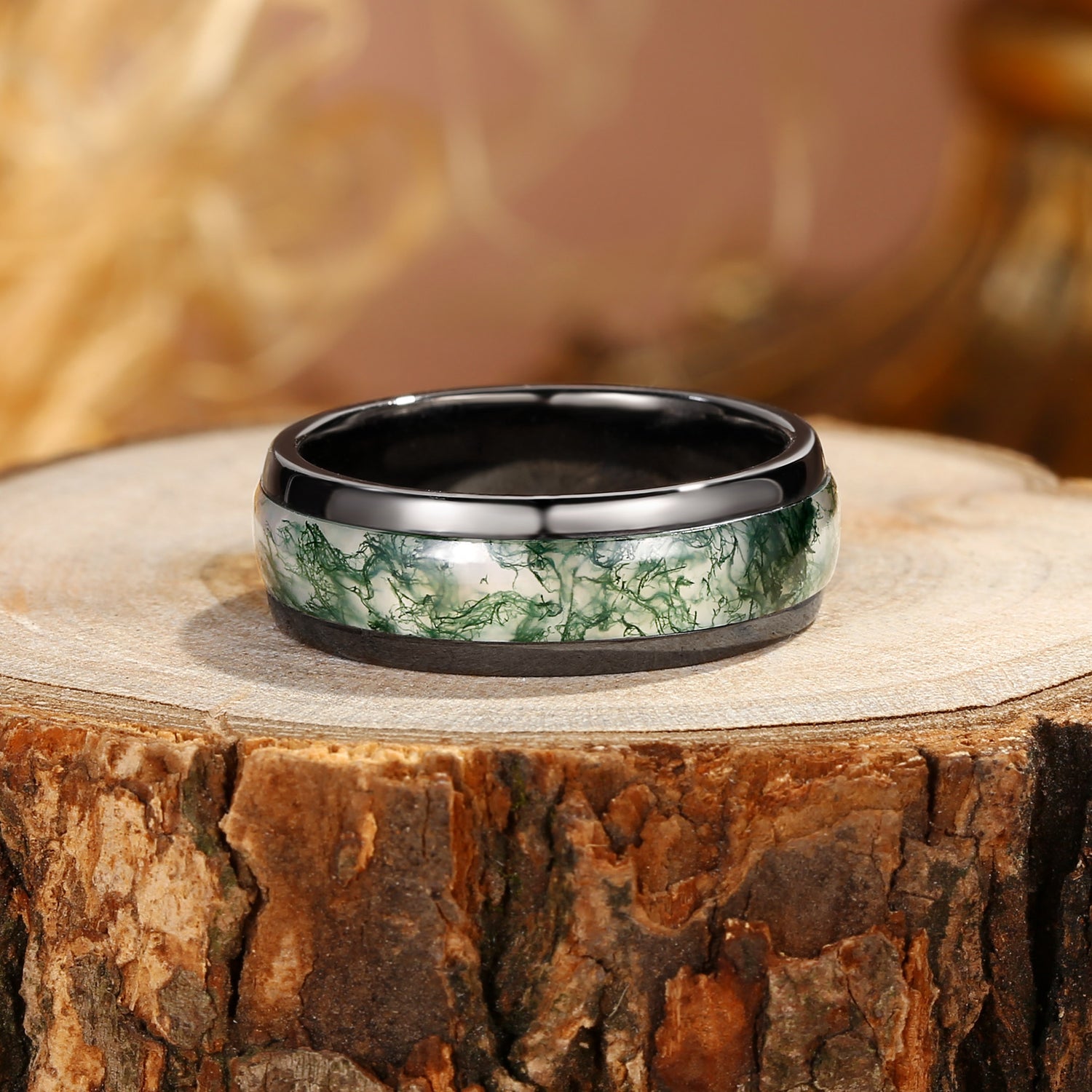 7MM Moss Agate Inlay Black Gold Men Rings