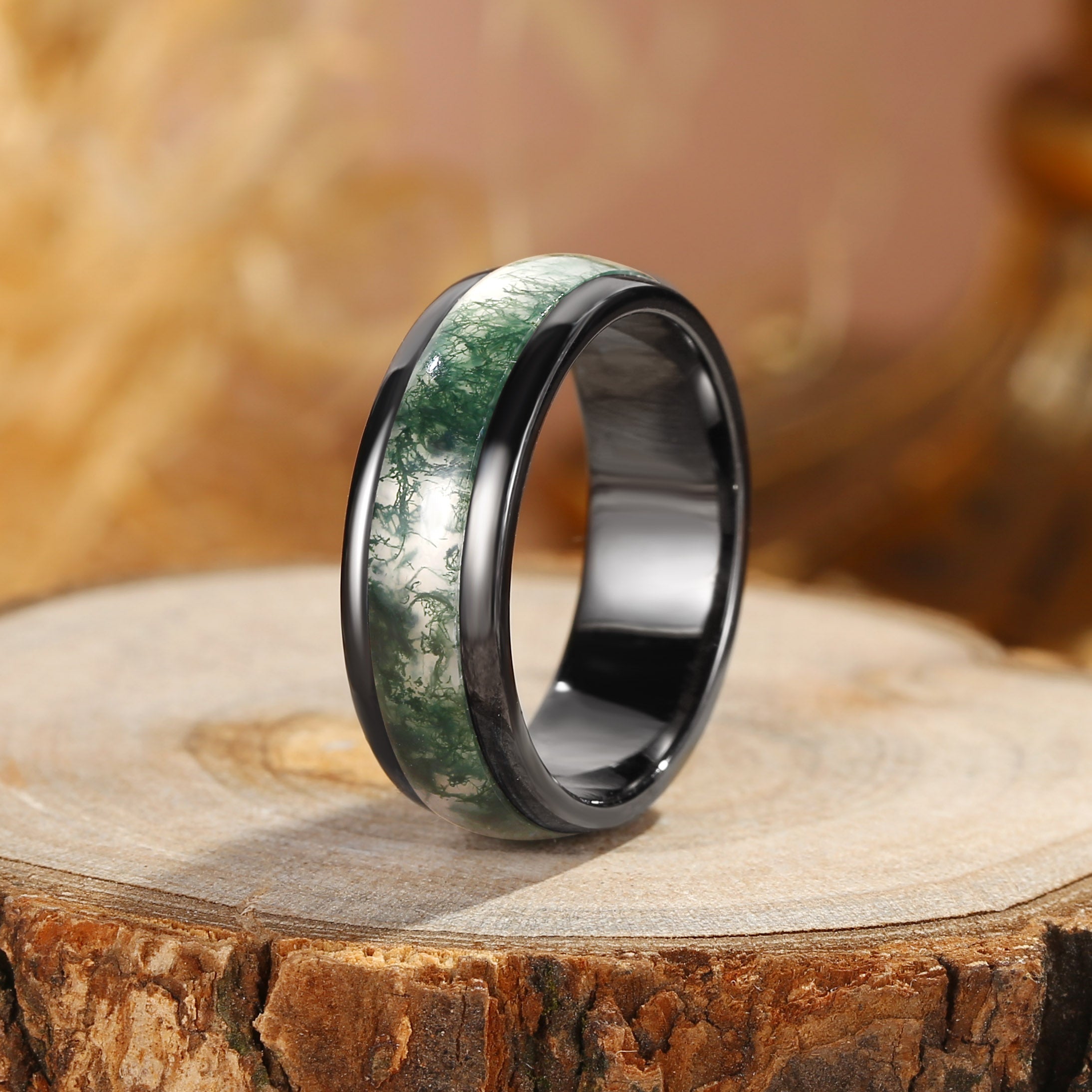 7MM Moss Agate Inlay Black Gold Men Rings