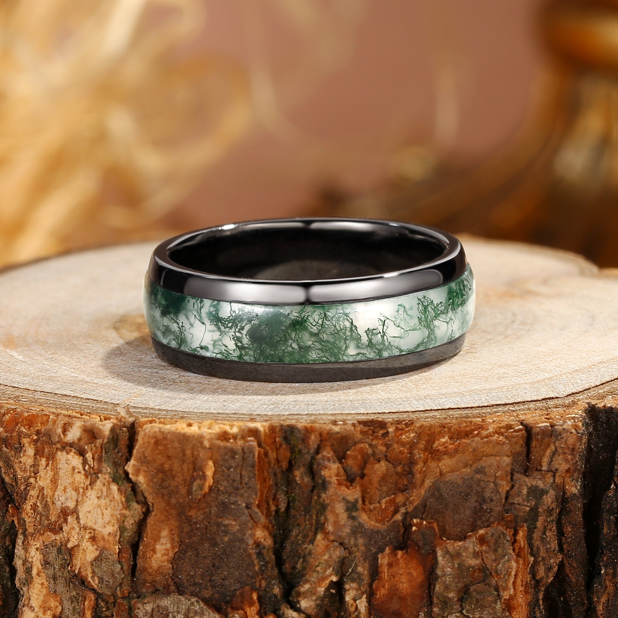 7MM Moss Agate Inlay Black Gold Men Rings