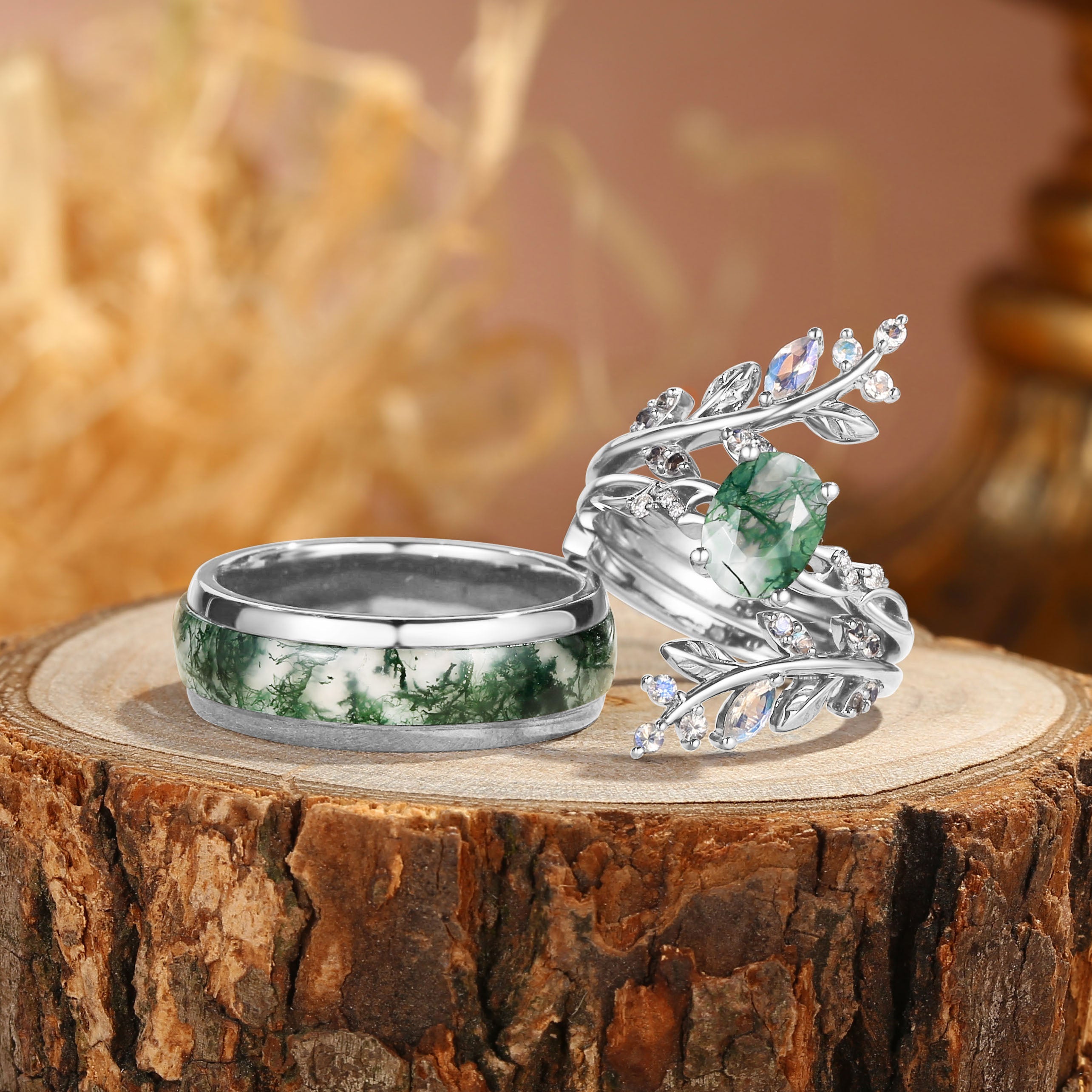 Adrienne -Nature Black Gold Oval Cut Moss Agate Couple Ring Set