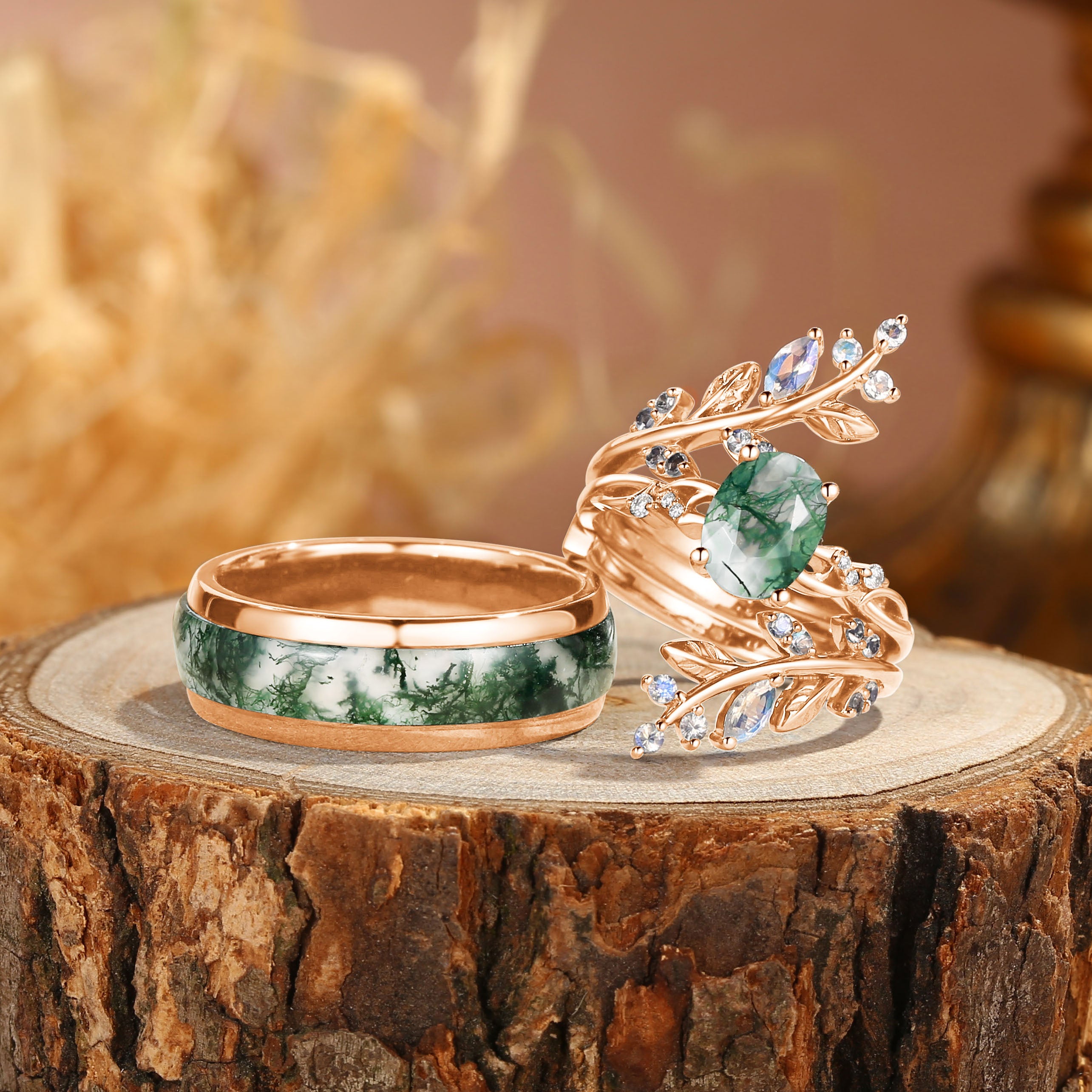 Adrienne -Nature Black Gold Oval Cut Moss Agate Couple Ring Set