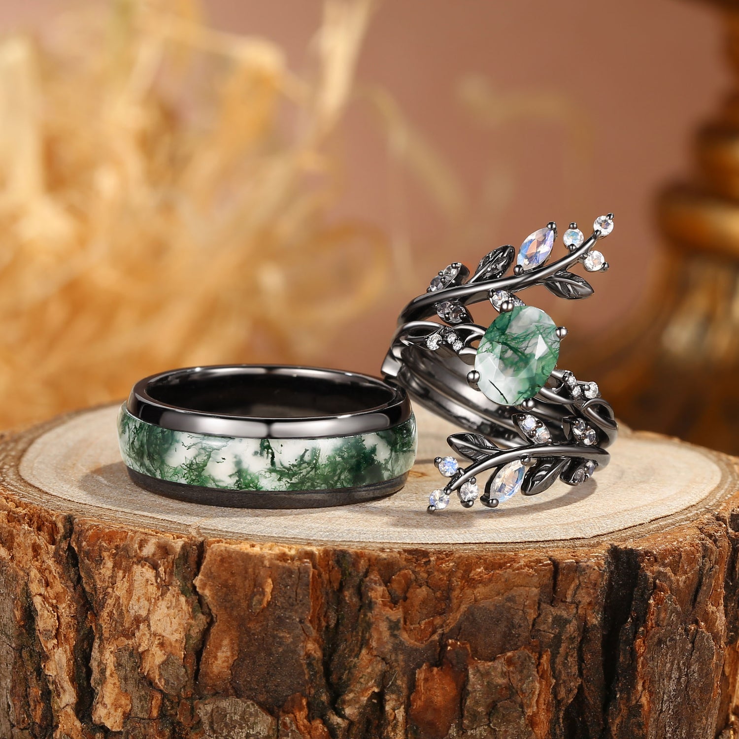 Adrienne -Nature Black Gold Oval Cut Moss Agate Couple Ring Set