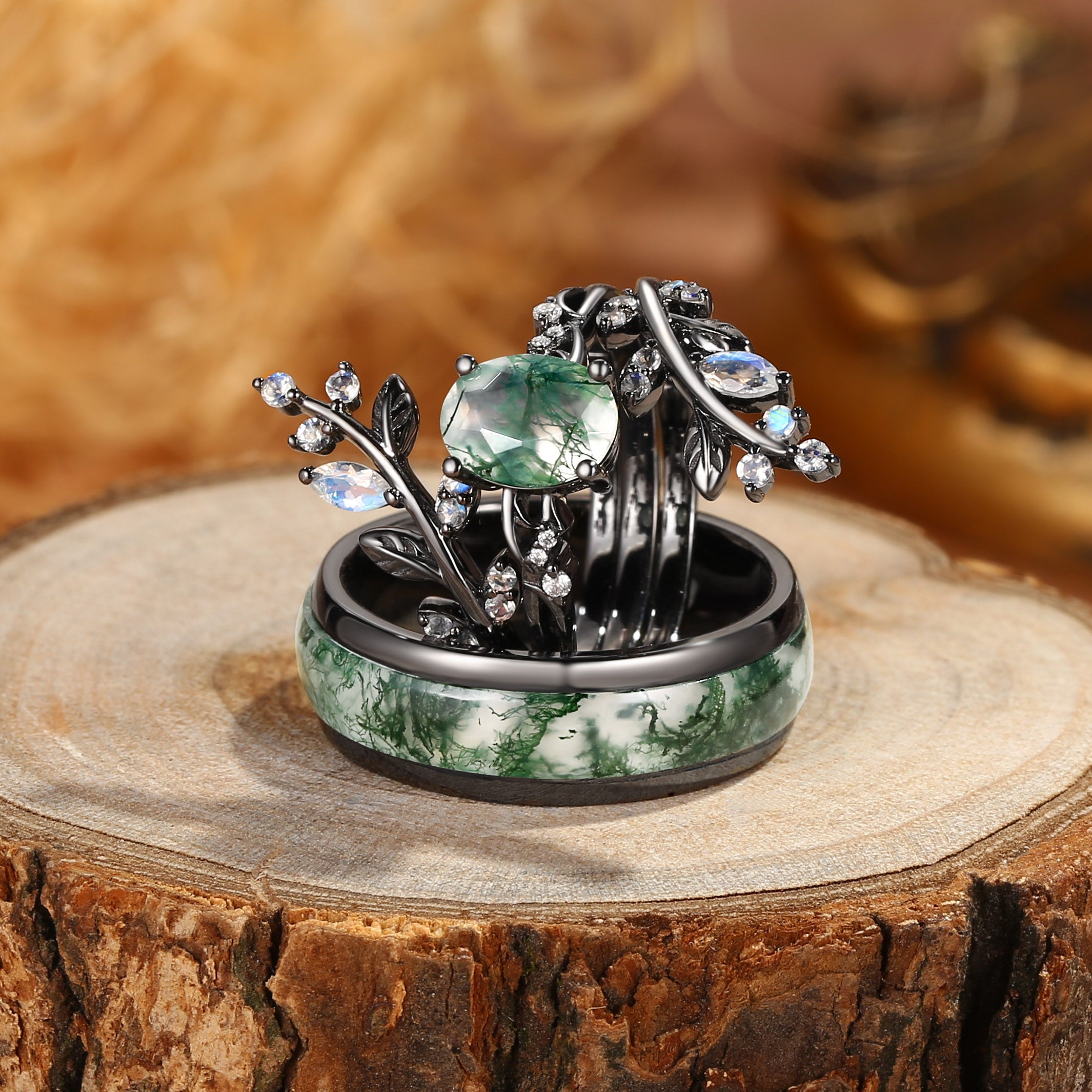 Adrienne -Nature Black Gold Oval Cut Moss Agate Couple Ring Set
