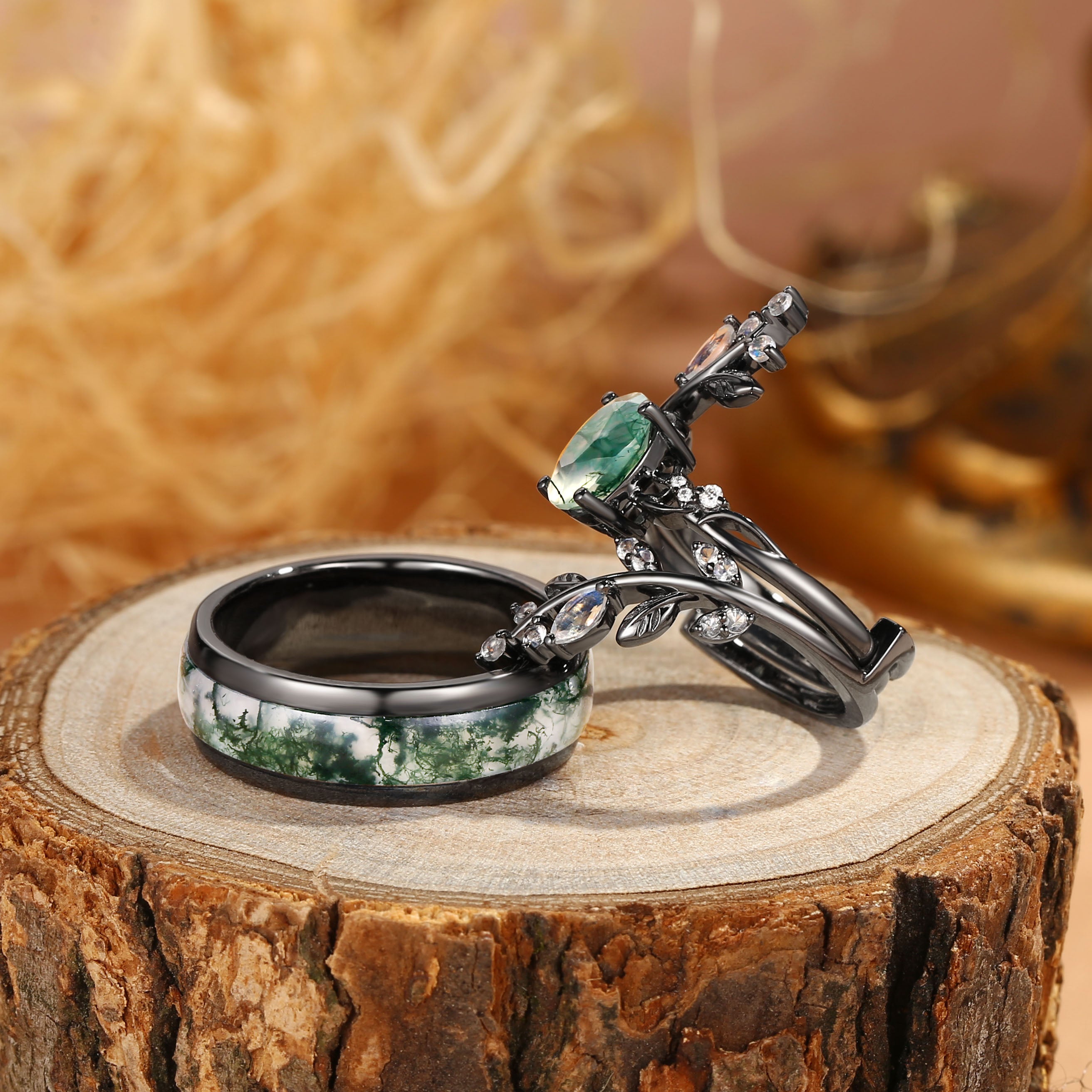 Adrienne -Nature Black Gold Oval Cut Moss Agate Couple Ring Set