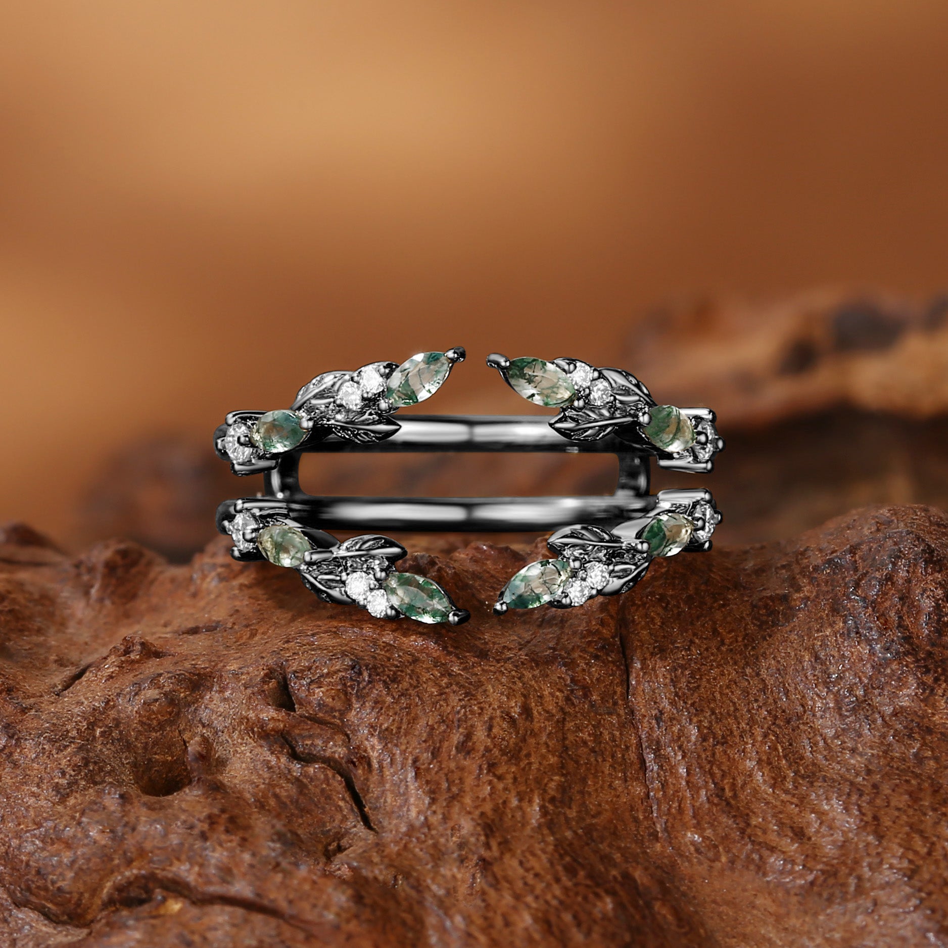 Greta - Moss Agate Leafy Inspired Enhancer Wedding Band
