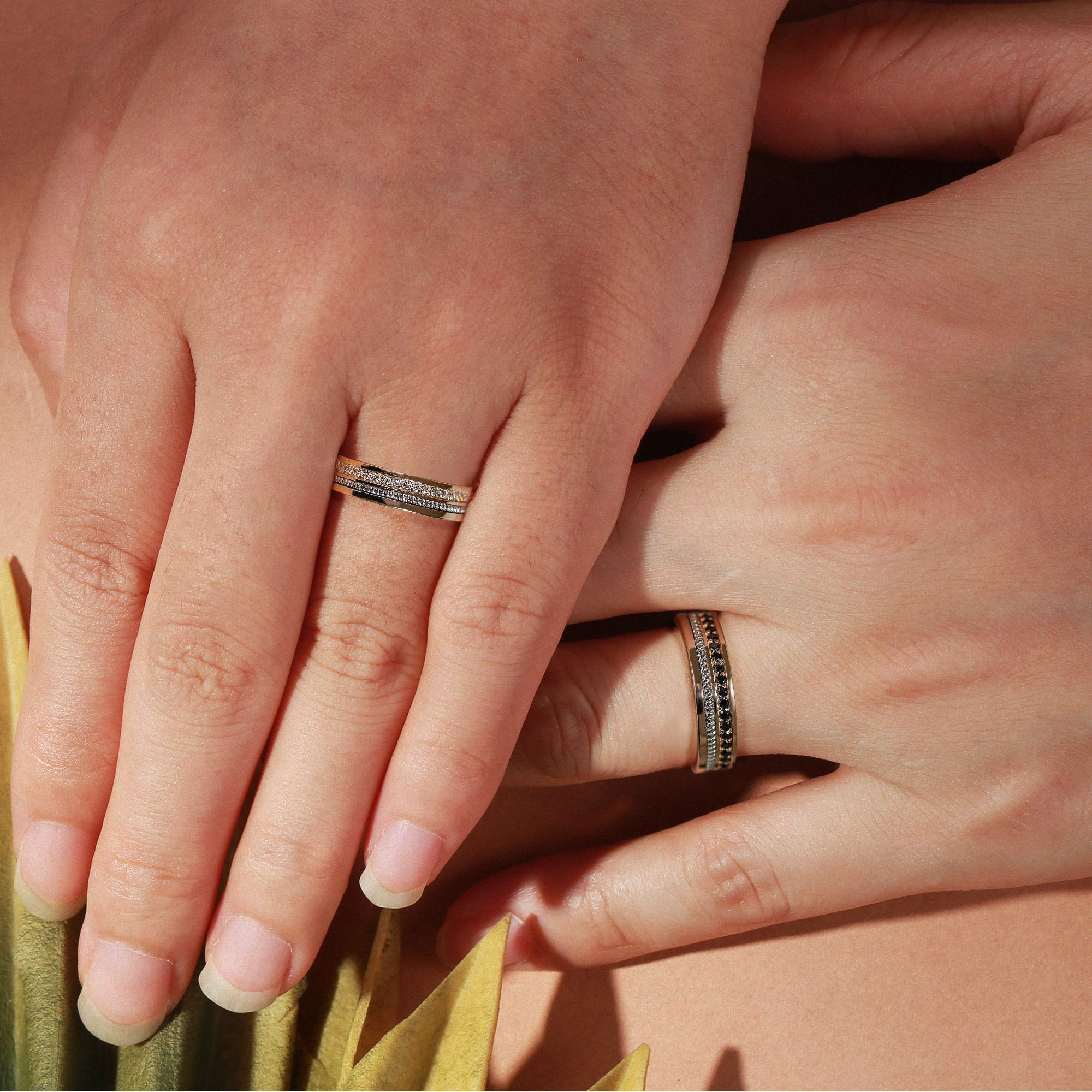 Guinevere - Gold Wedding Rings Set With Black And White Moissanites Couple Rings