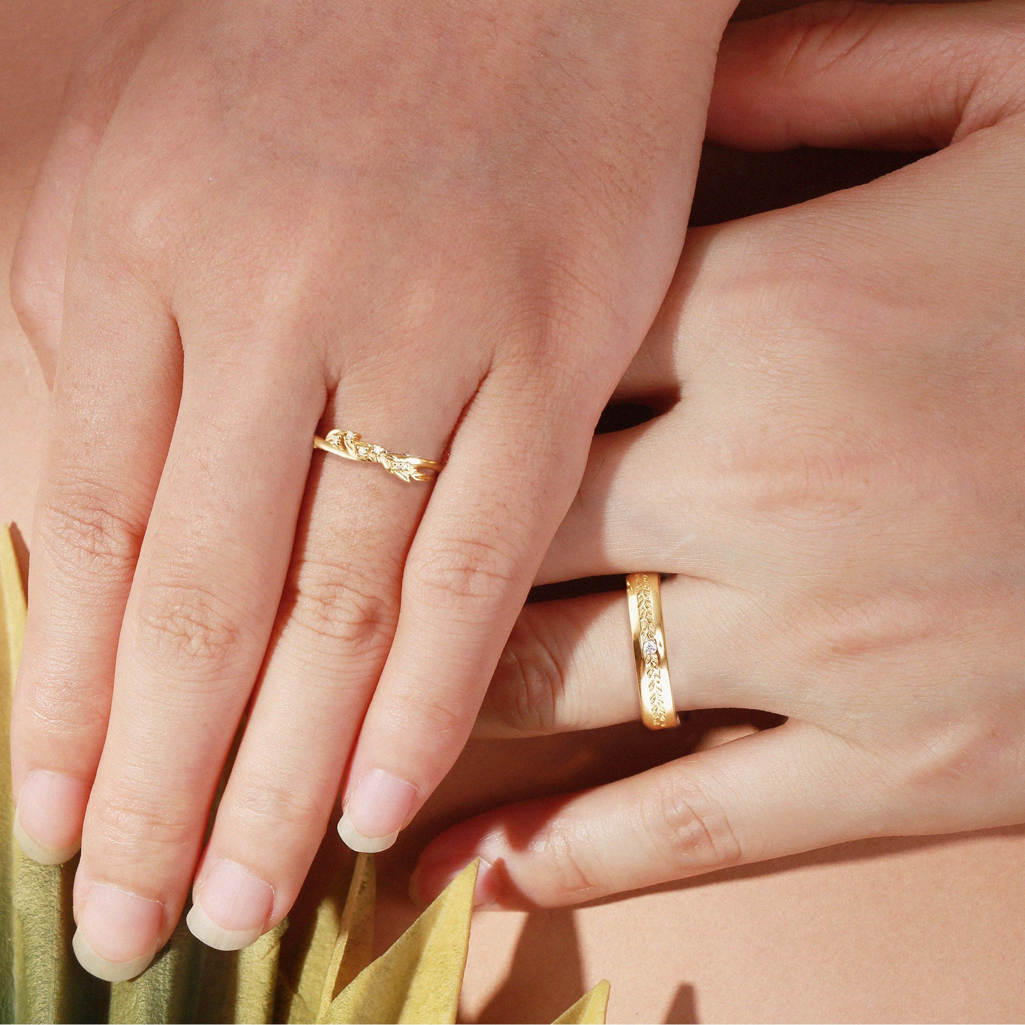 Couple Ring - Leaf Moissanite Bands For Men & Women Yellow Gold 2pcs