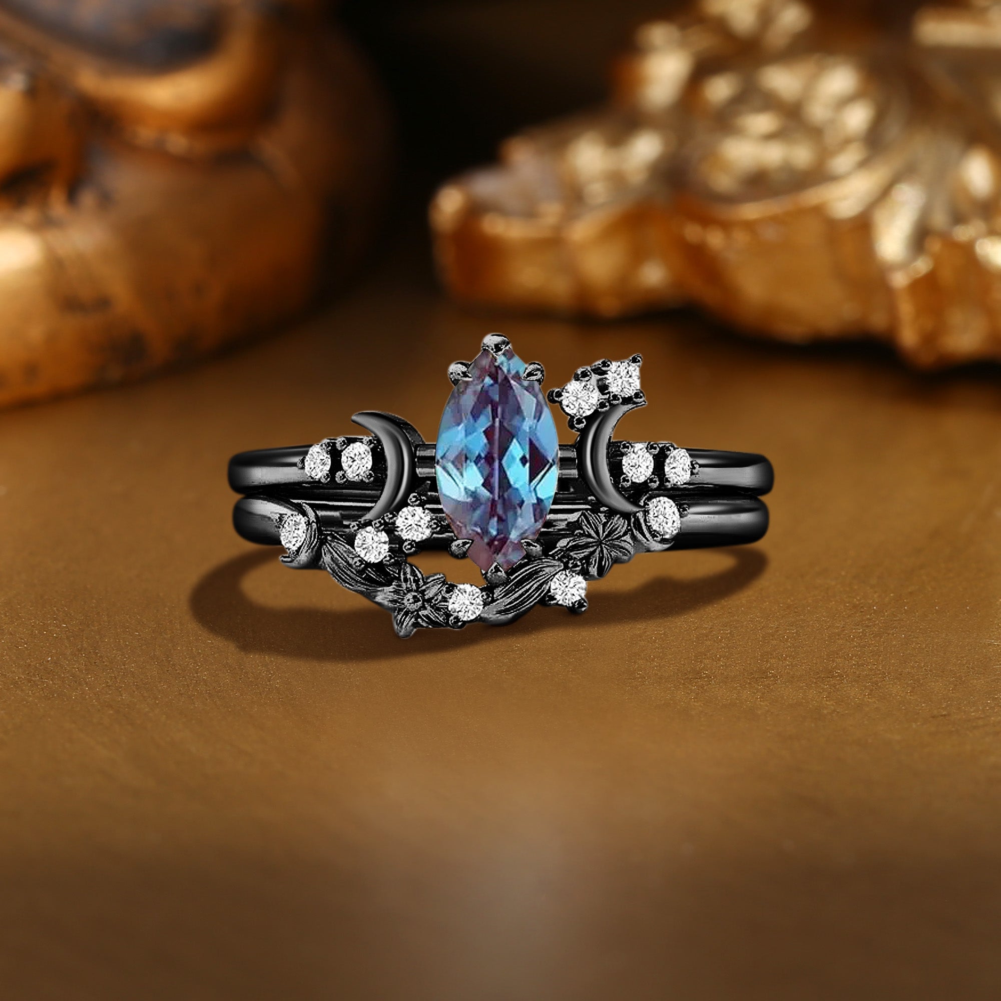 Isabella - Marquise Cut Alexandrite Moon & Flower Anniversary Ring Set 2PCS