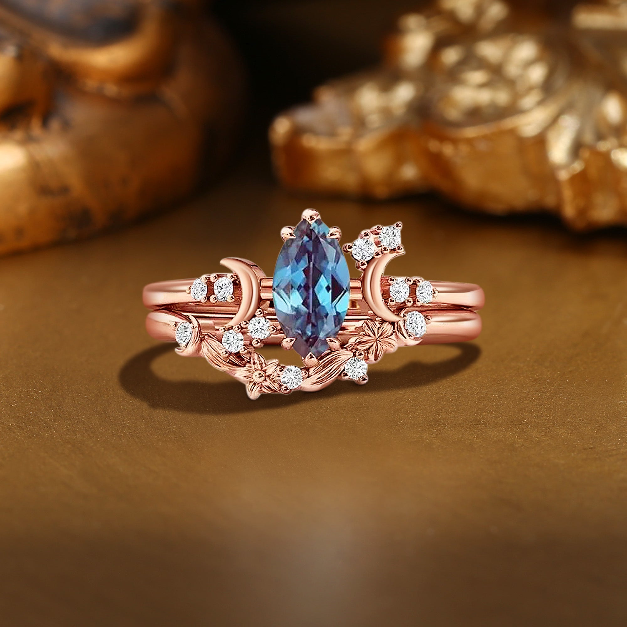 Isabella - Marquise Cut Alexandrite Moon & Flower Anniversary Ring Set 2PCS