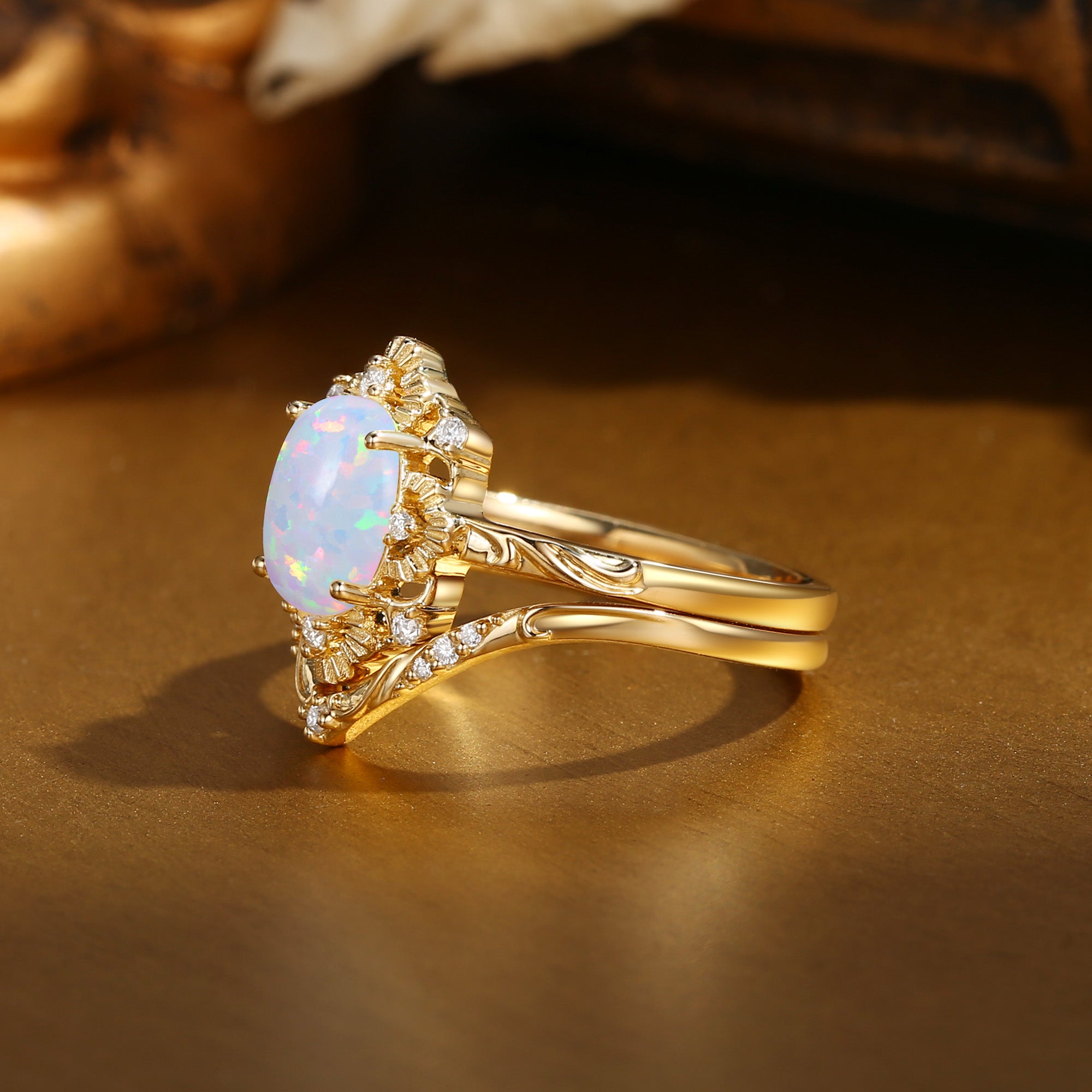 Bertille - Victorian Halo Vintage Oval Cut Opal Engagement Ring Set 2pcs