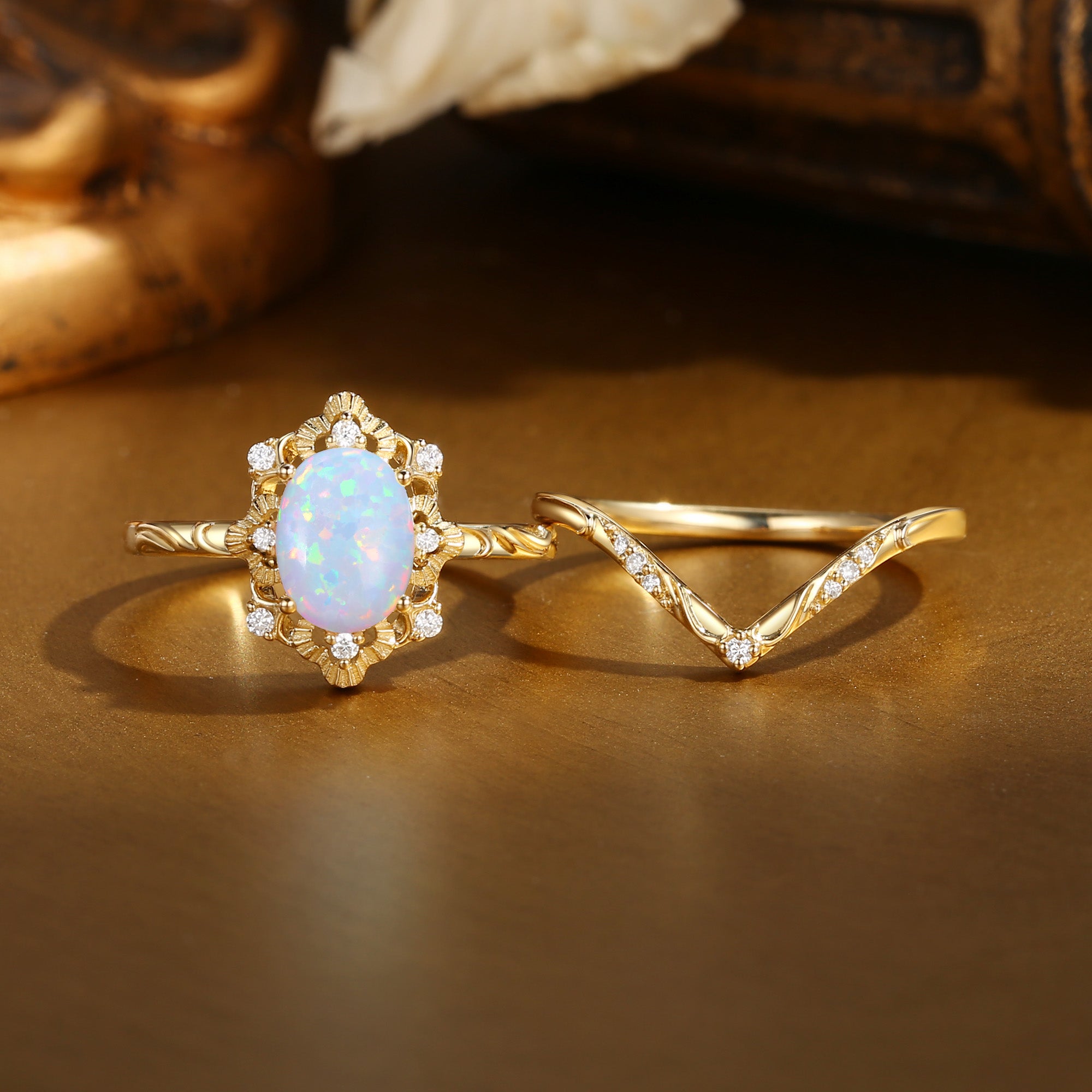 Bertille - Victorian Halo Vintage Oval Cut Opal Engagement Ring Set 2pcs