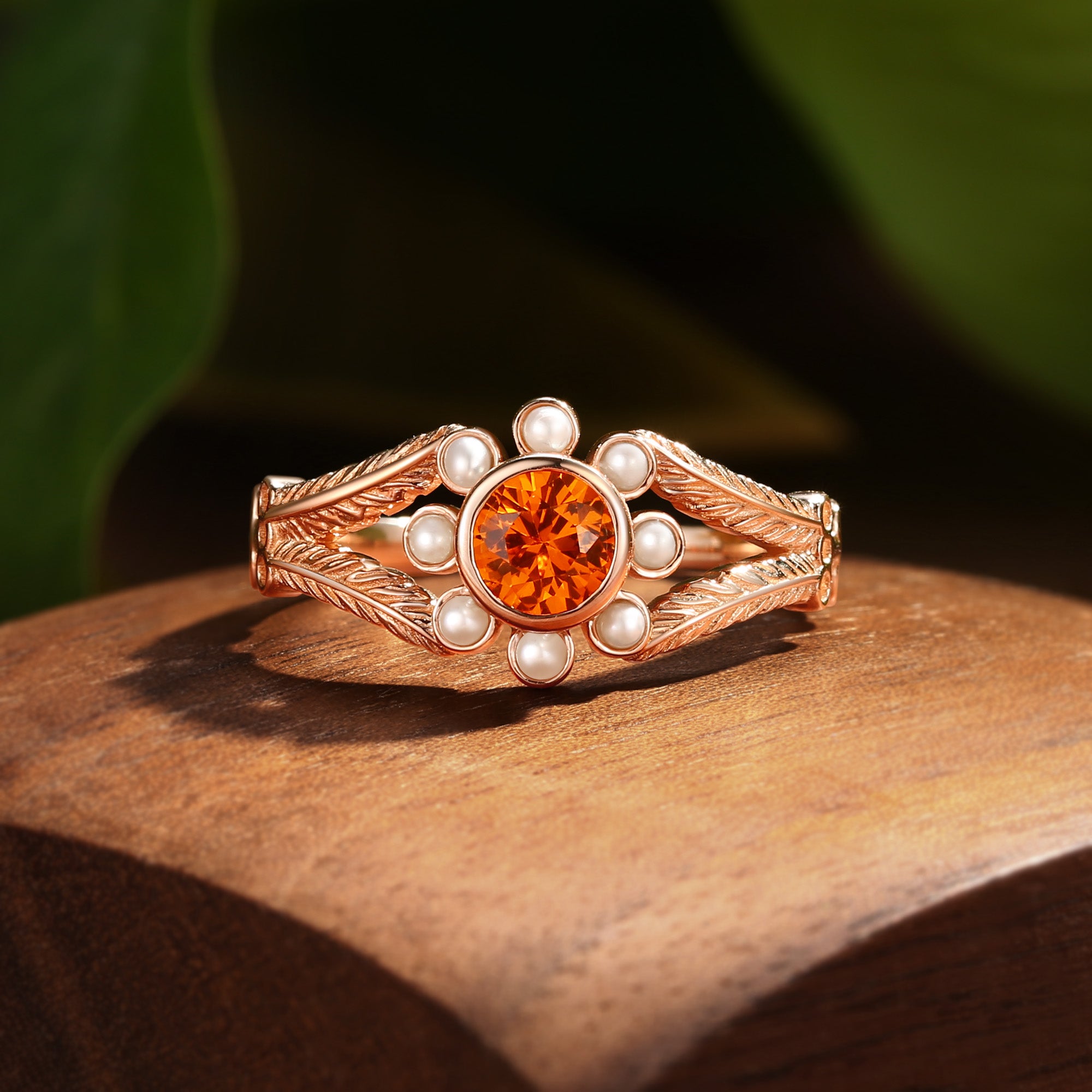 Anthea - Round Cut Orange Sapphire Halo Flower Bridal Ring Set 2PCS