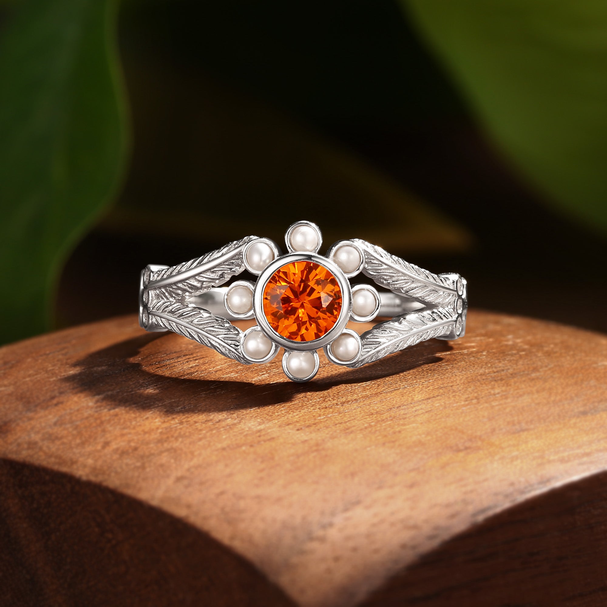 Anthea - Round Cut Orange Sapphire Halo Flower Bridal Ring Set 2PCS