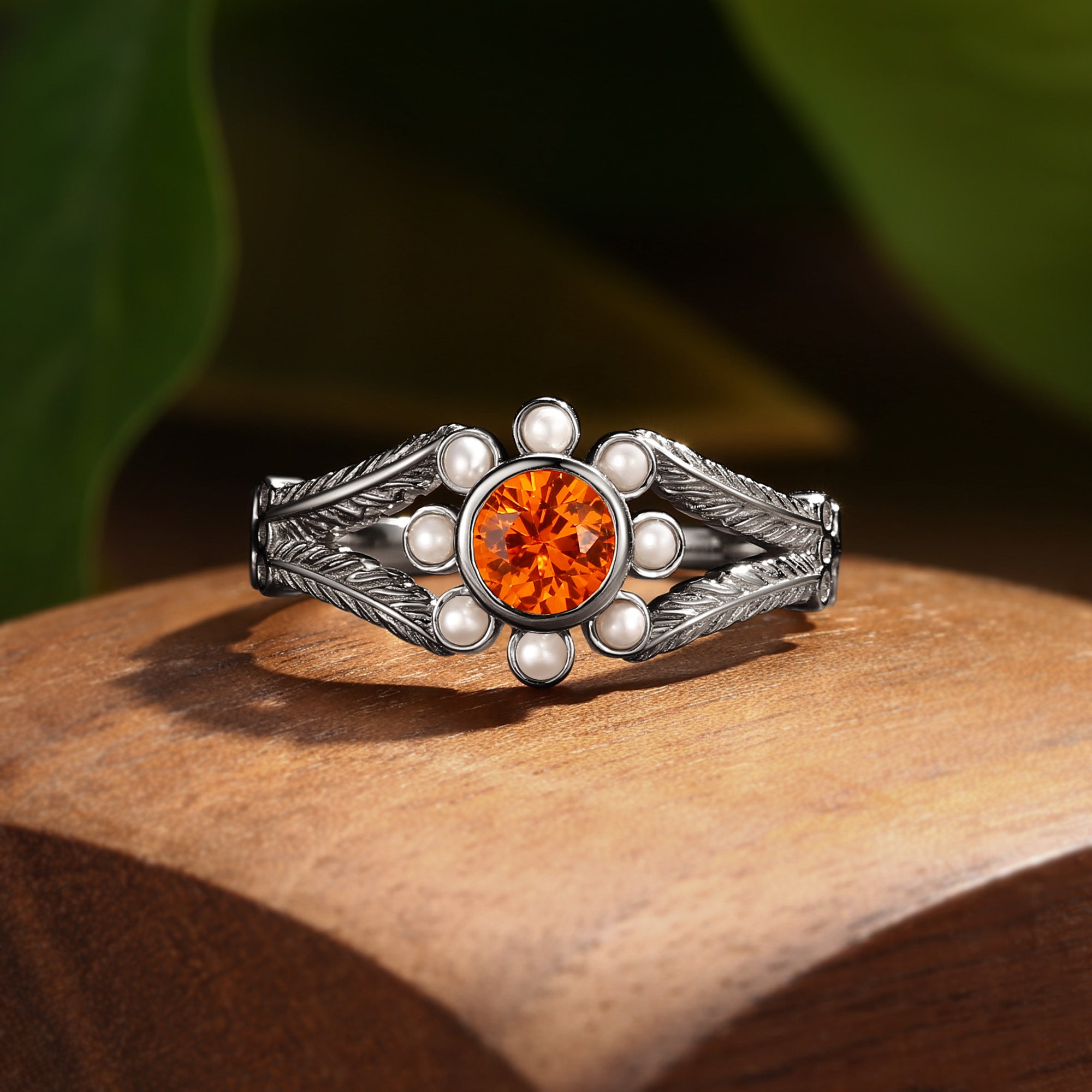 Anthea - Round Cut Orange Sapphire Halo Flower Bridal Ring Set 2PCS