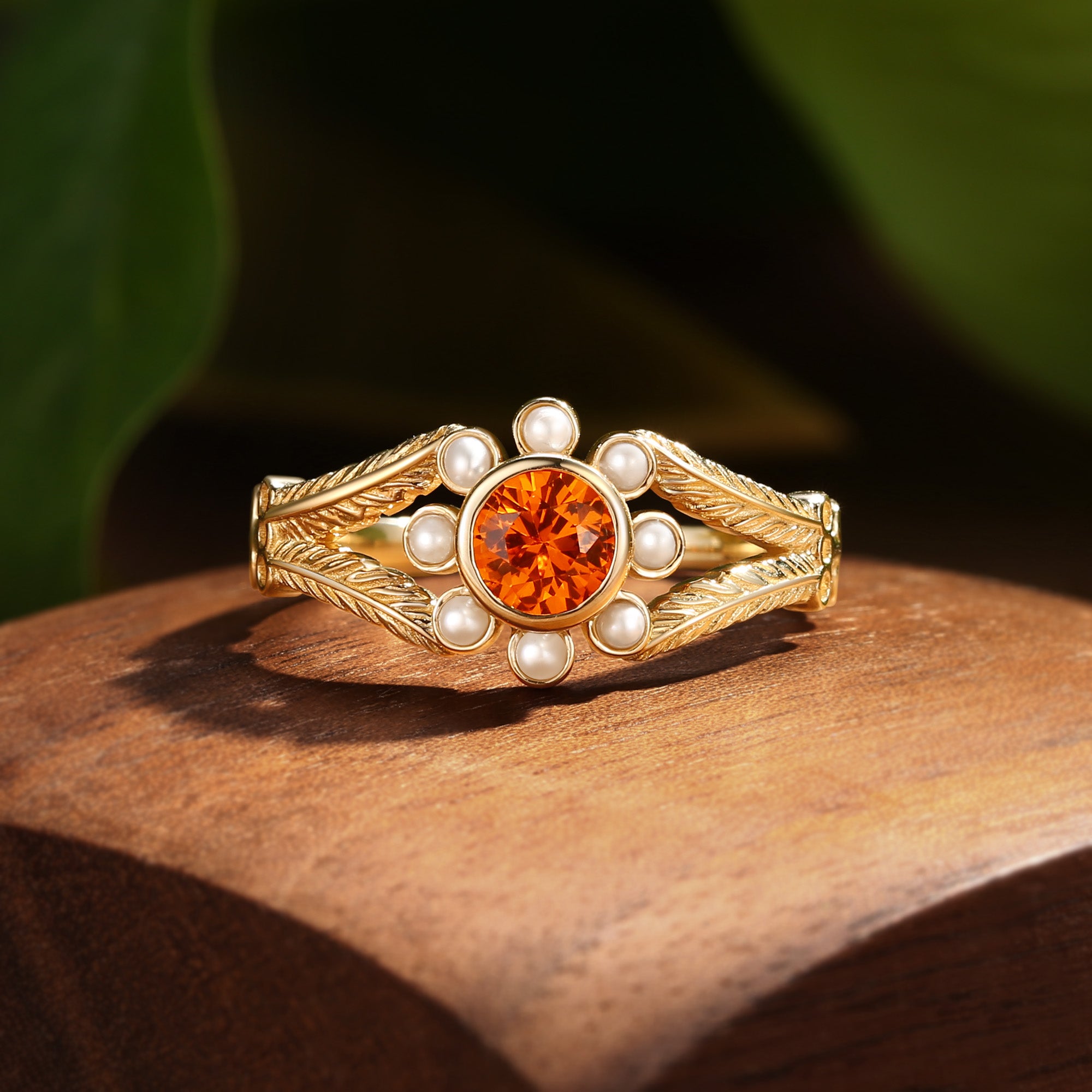 Anthea - Round Cut Orange Sapphire Halo Flower Bridal Ring Set 2PCS