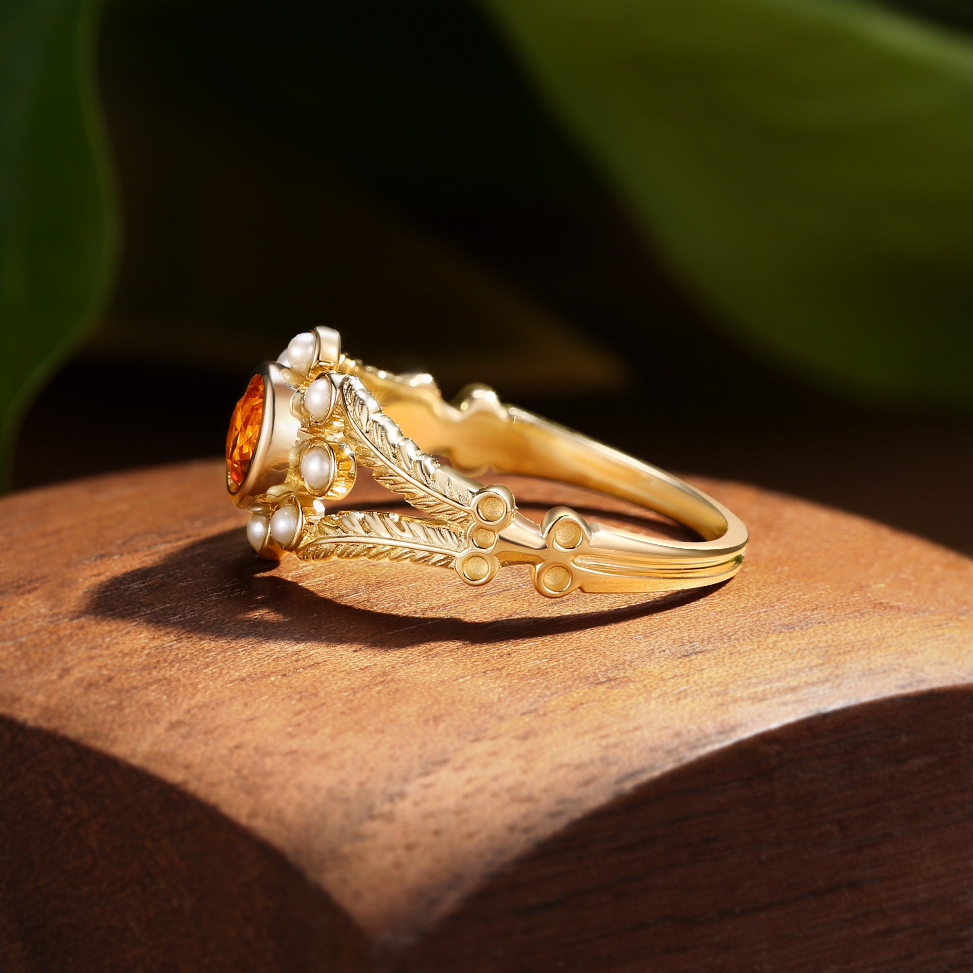 Anthea - Round Cut Orange Sapphire Halo Flower Bridal Ring Set 2PCS