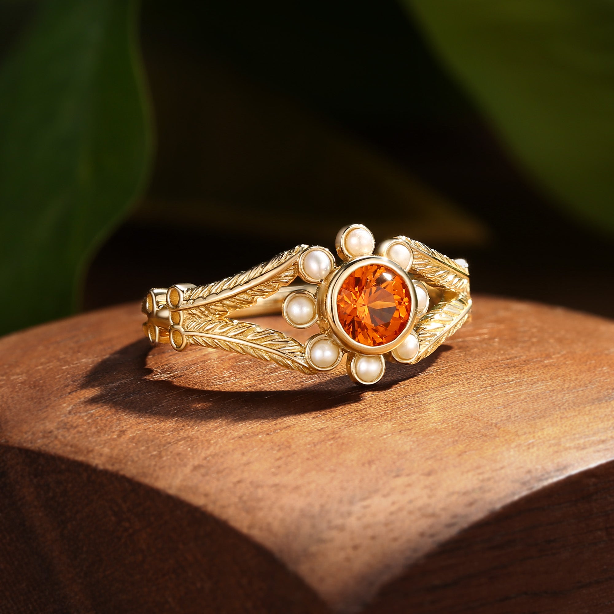 Anthea - Round Cut Orange Sapphire Halo Flower Bridal Ring Set 2PCS