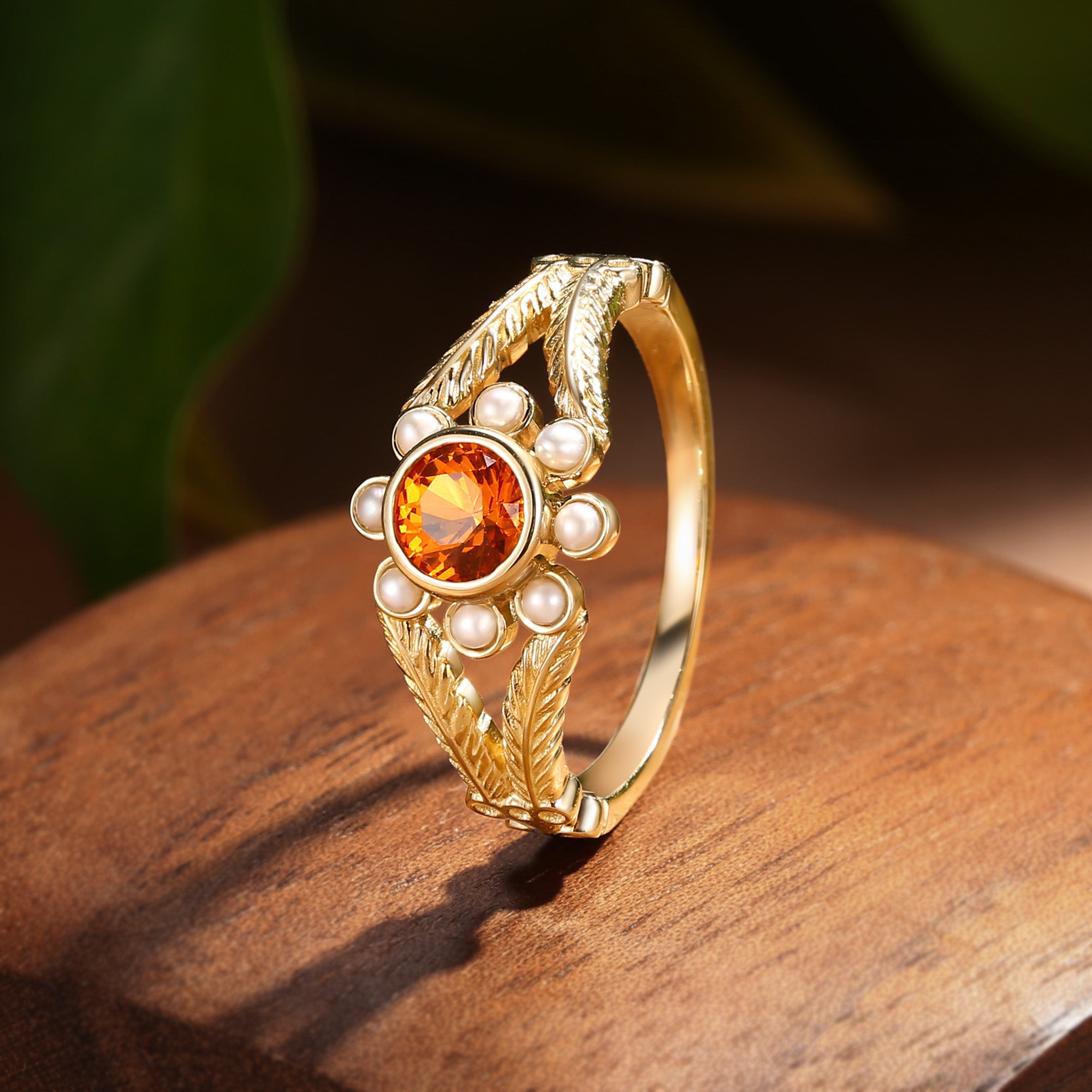 Anthea - Round Cut Orange Sapphire Halo Flower Bridal Ring Set 2PCS