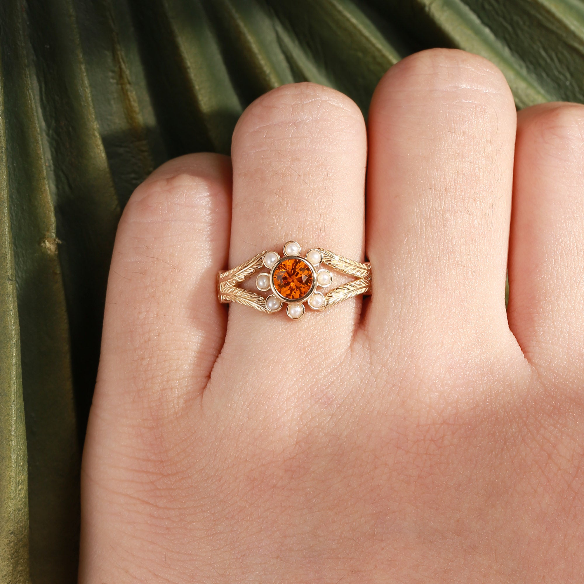 Anthea - Round Cut Orange Sapphire Halo Flower Bridal Ring Set 2PCS