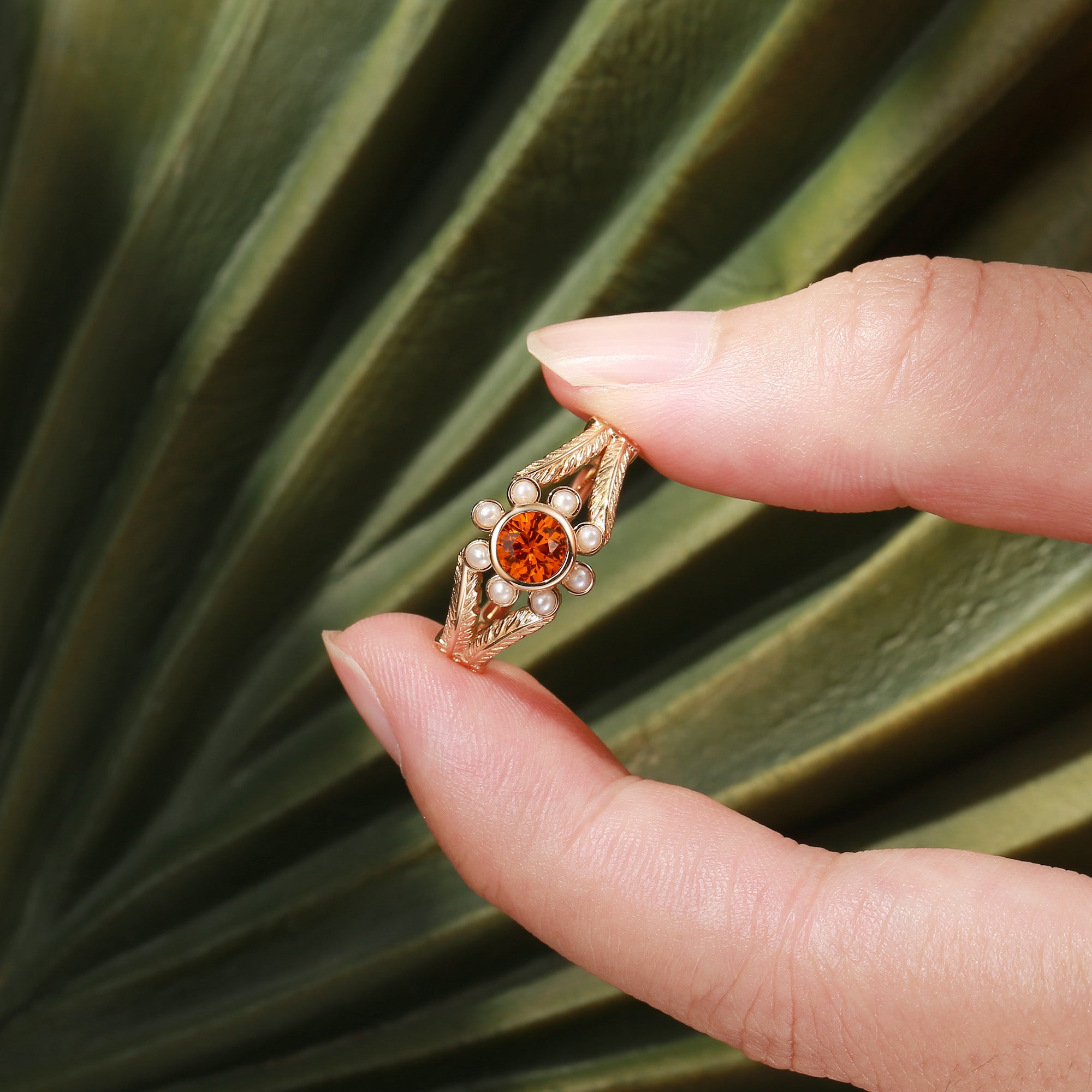 Anthea - Round Cut Orange Sapphire Halo Flower Bridal Ring Set 2PCS