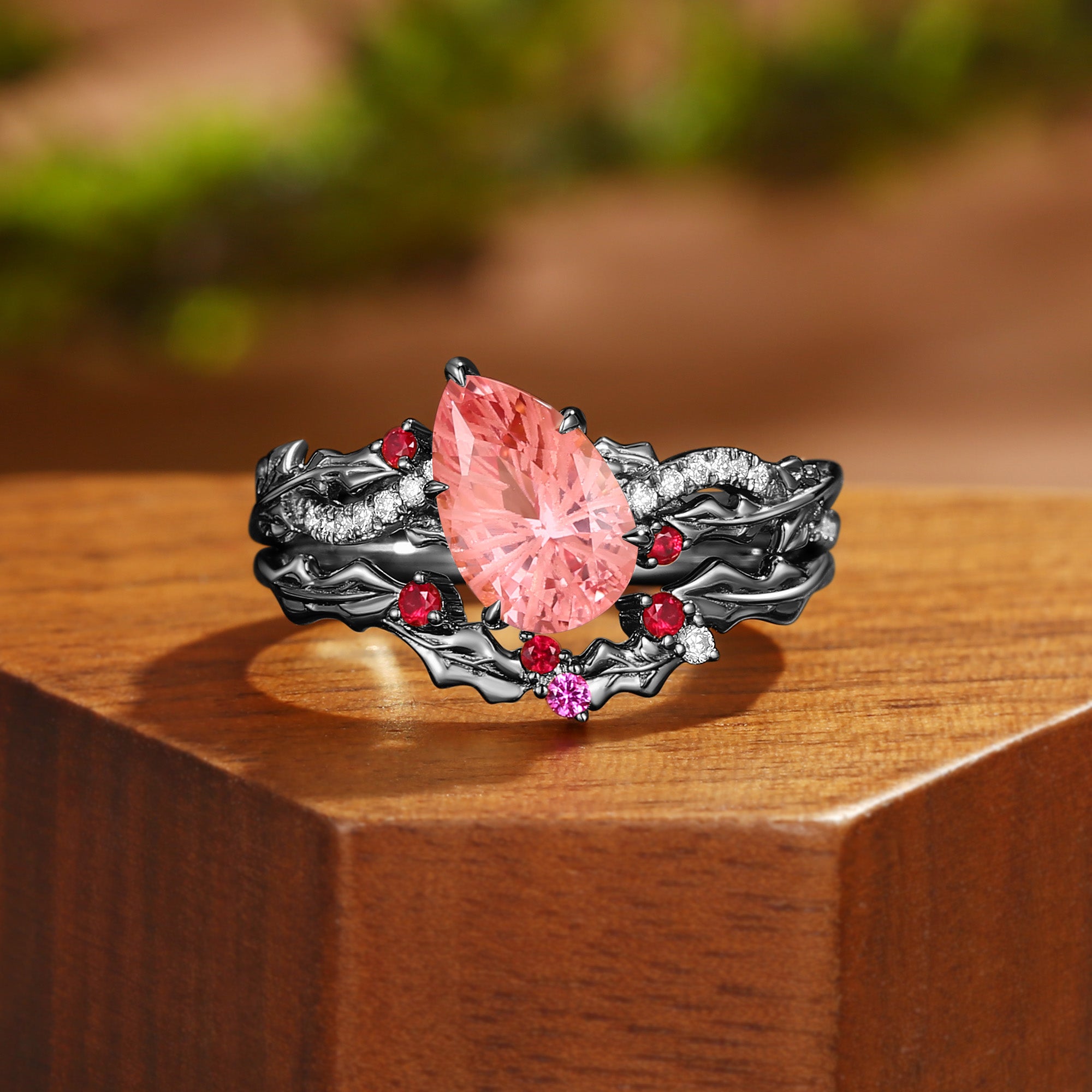 Béatrice - Holly Twist Leaf  Firework Cut  Padparadscha Engagement Ring Set 2pcs