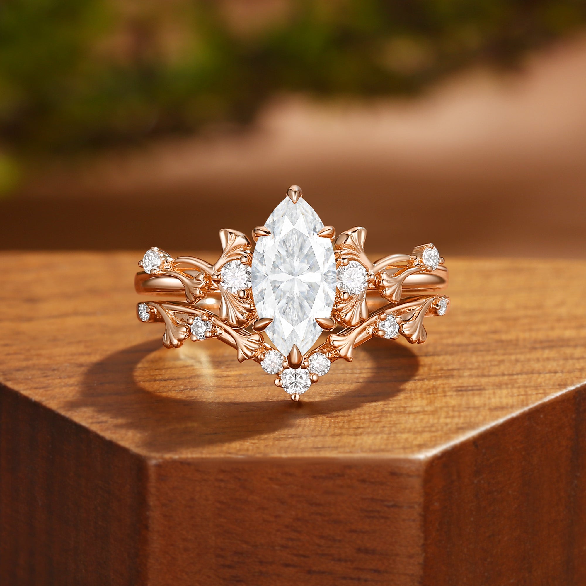 Liora - Unique Marquise Cut Moissanite Yellow Gold Ginkgo Leaf Bridal Set 2pcs