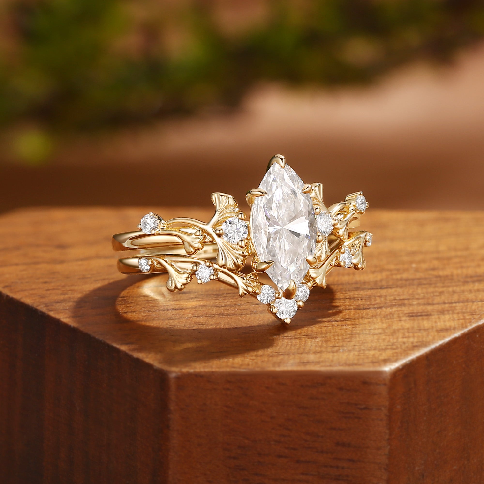 Liora - Unique Marquise Cut Moissanite Yellow Gold Ginkgo Leaf Bridal Set 2pcs