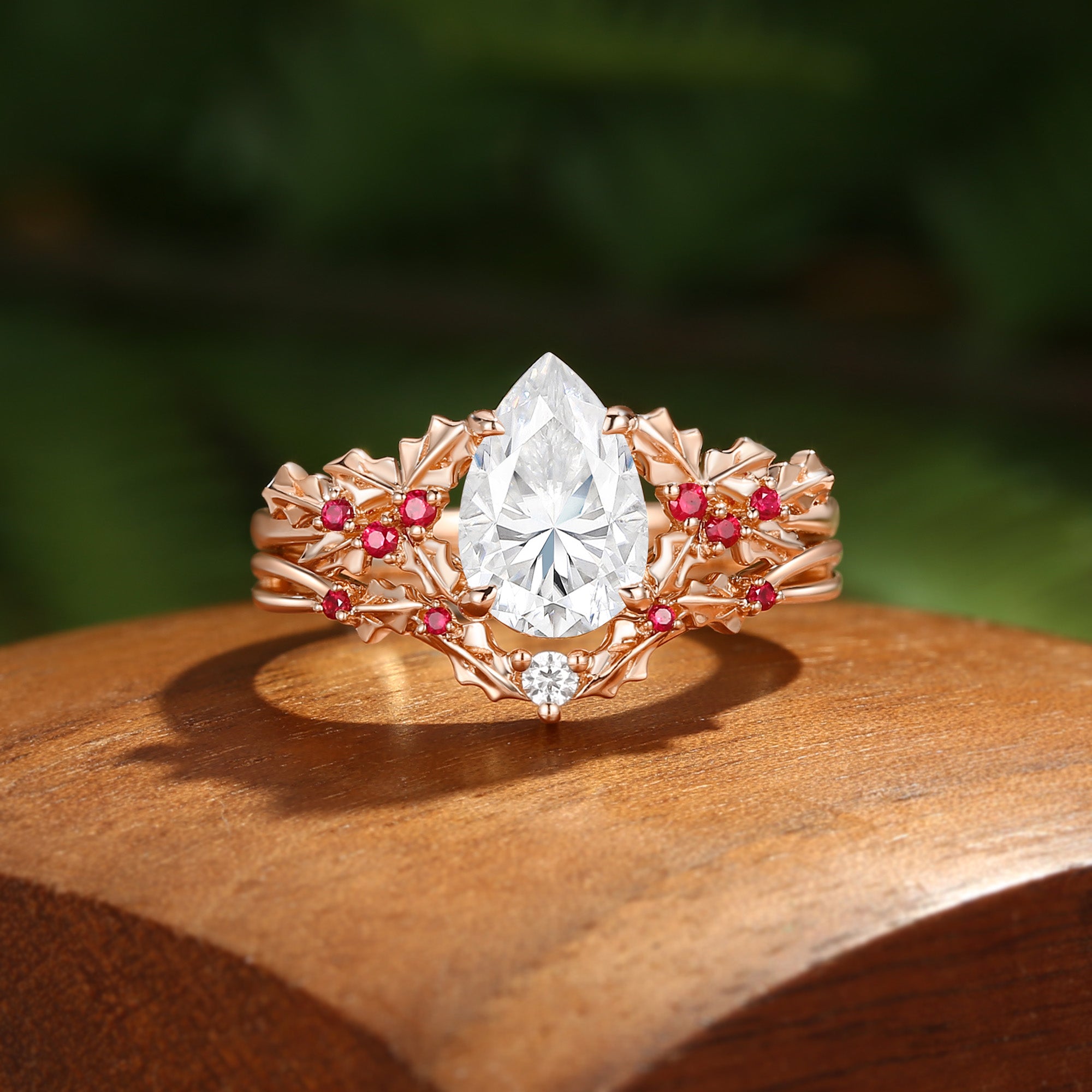 Victoria - Pear Cut  Moissanite & Natural Ruby Holly Leaf Engagement Ring Set 2PCS