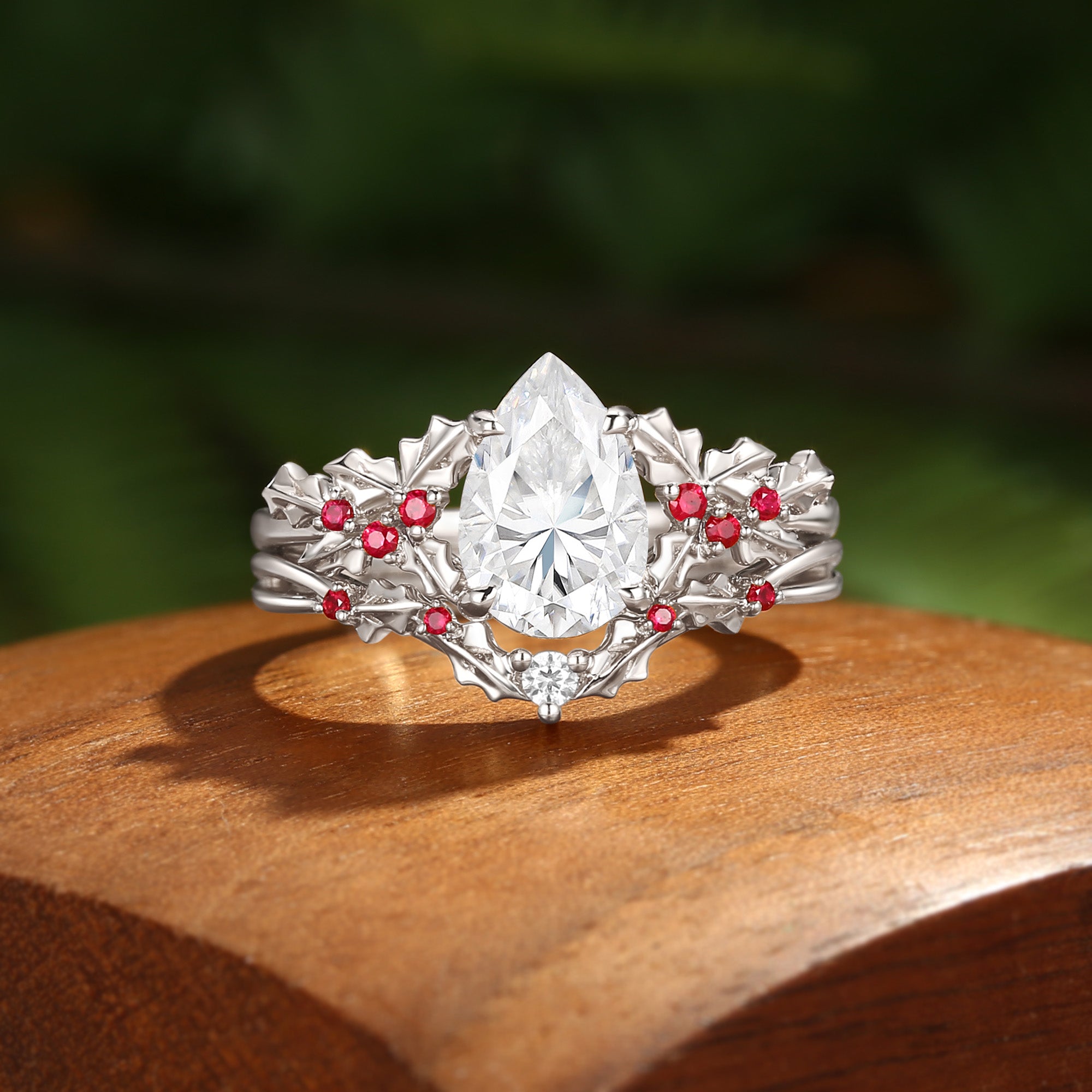 Victoria - Pear Cut  Moissanite & Natural Ruby Holly Leaf Engagement Ring Set 2PCS