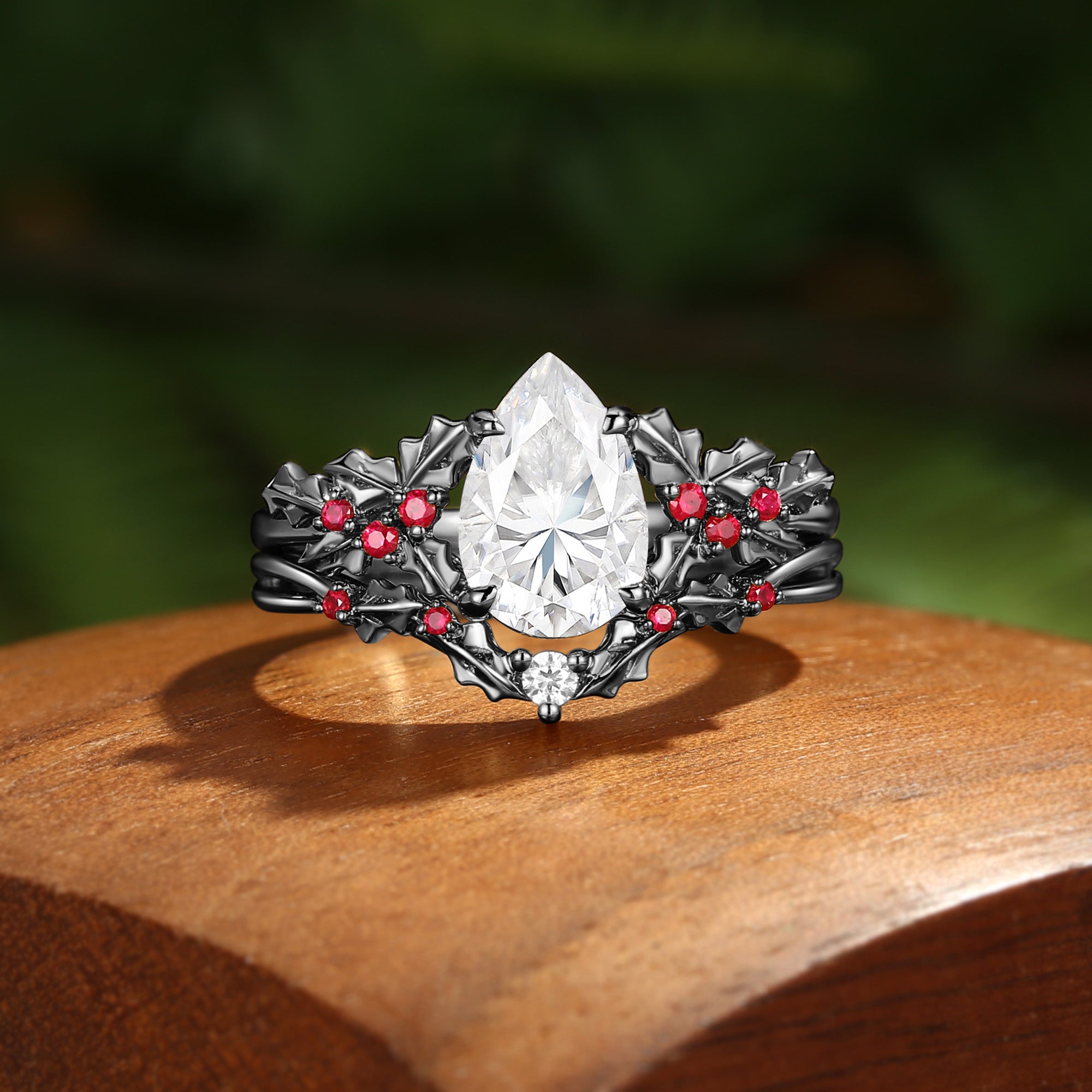 Victoria - Pear Cut  Moissanite & Natural Ruby Holly Leaf Engagement Ring Set 2PCS