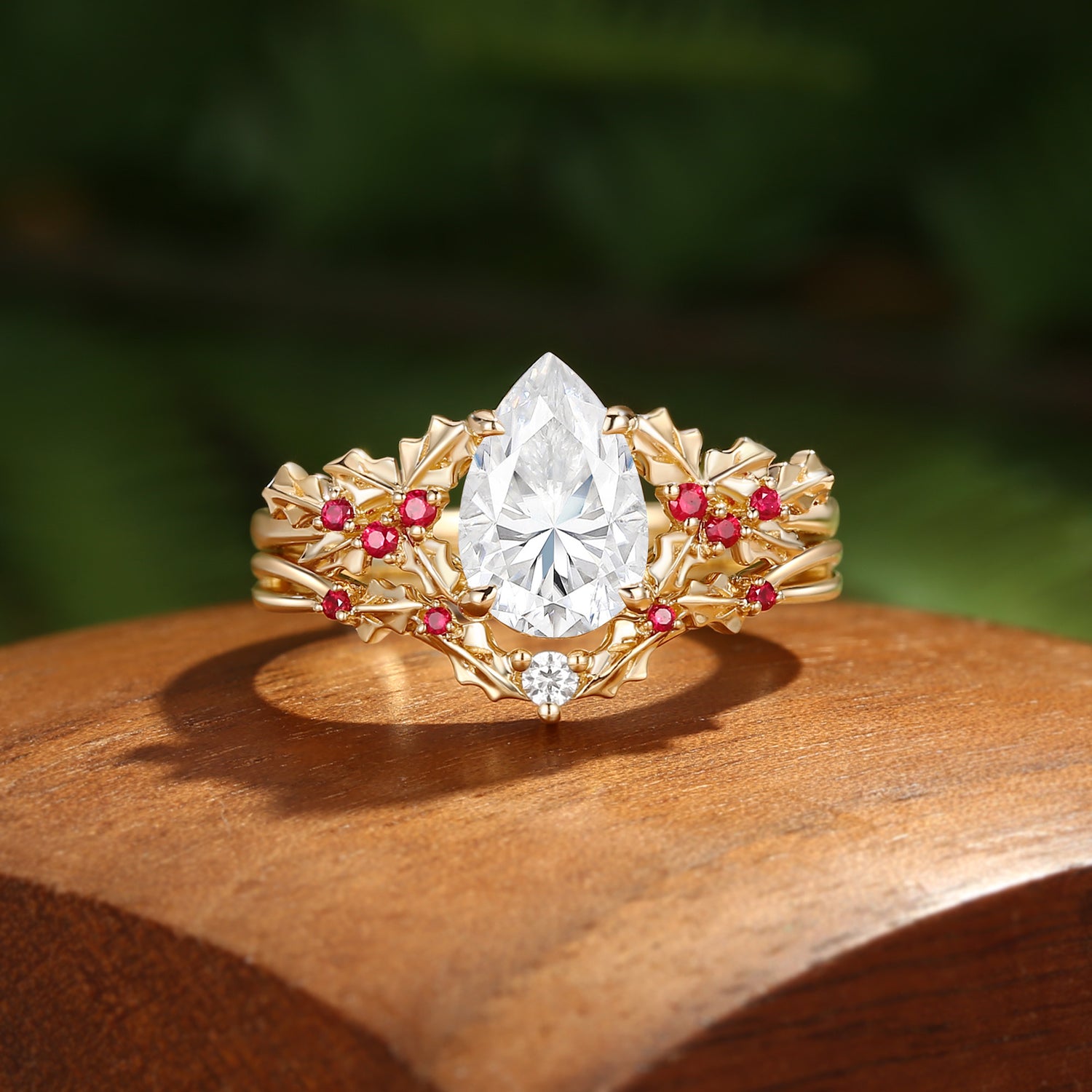 Victoria - Pear Cut  Moissanite & Natural Ruby Holly Leaf Engagement Ring Set 2PCS