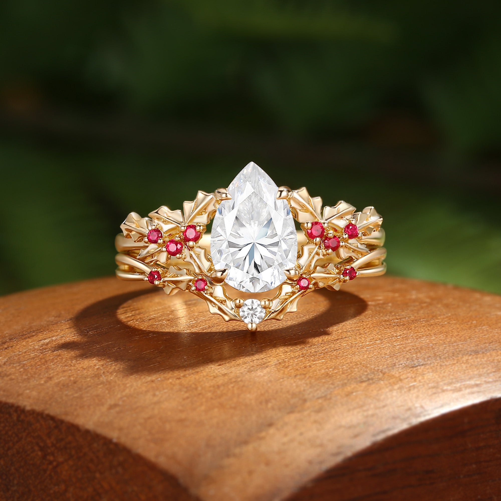 Victoria - Pear Cut  Moissanite & Natural Ruby Holly Leaf Engagement Ring Set 2PCS